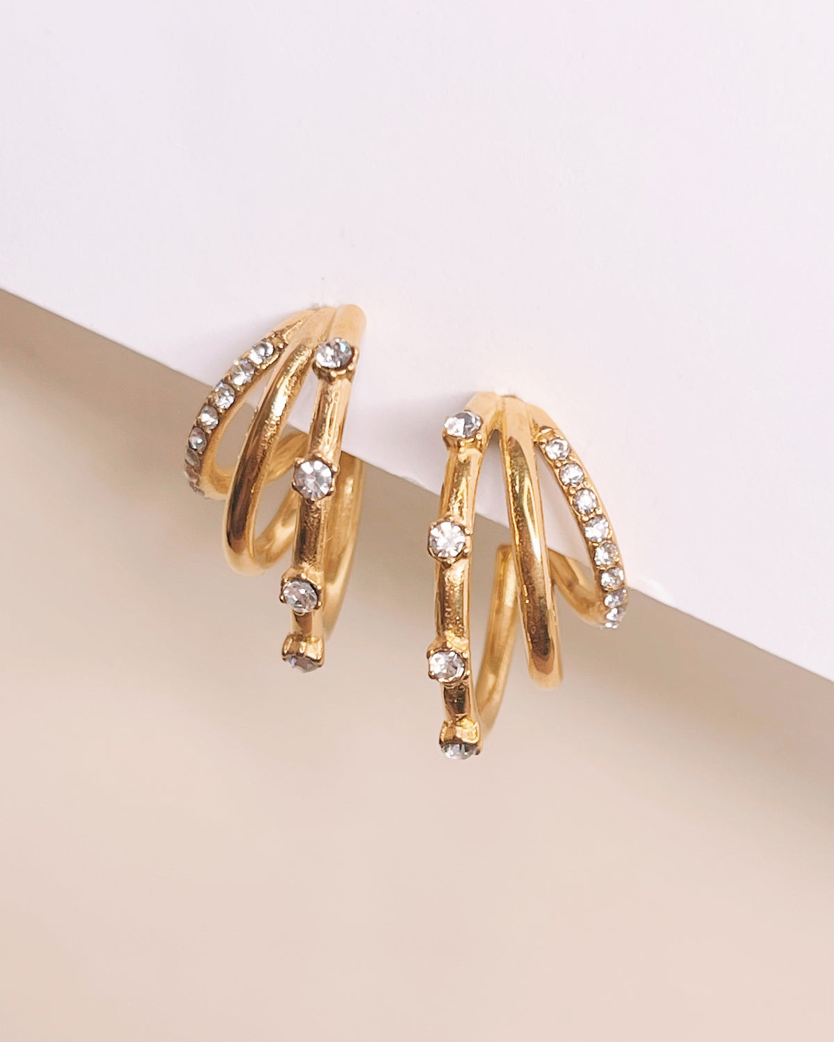 Stephanie Triple Hoops Zircon Paved Beaded Gold Layered Look Hoops