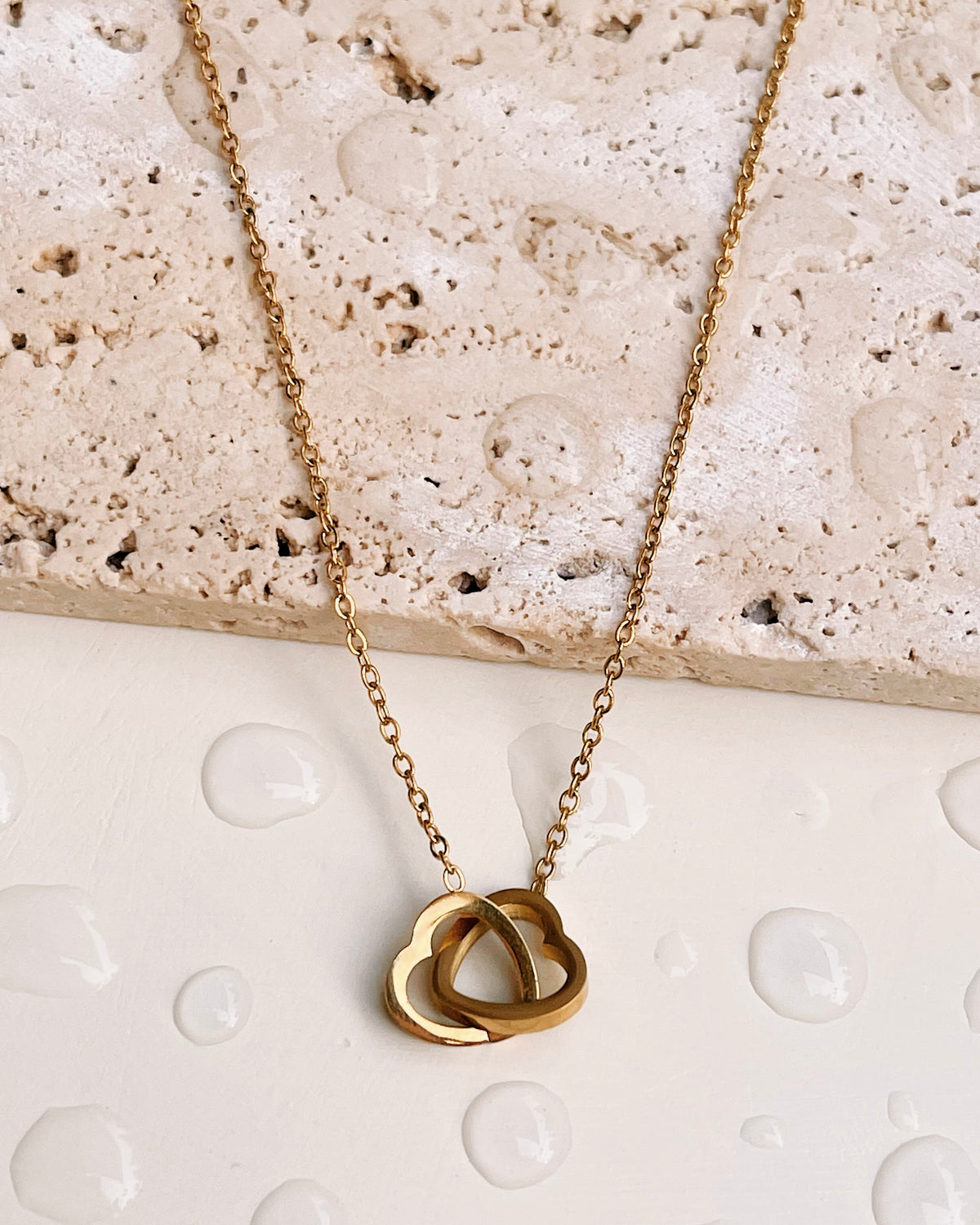 Caroline Interlocked Two Hollow Hearts Pendant Link Chain Gold Necklace