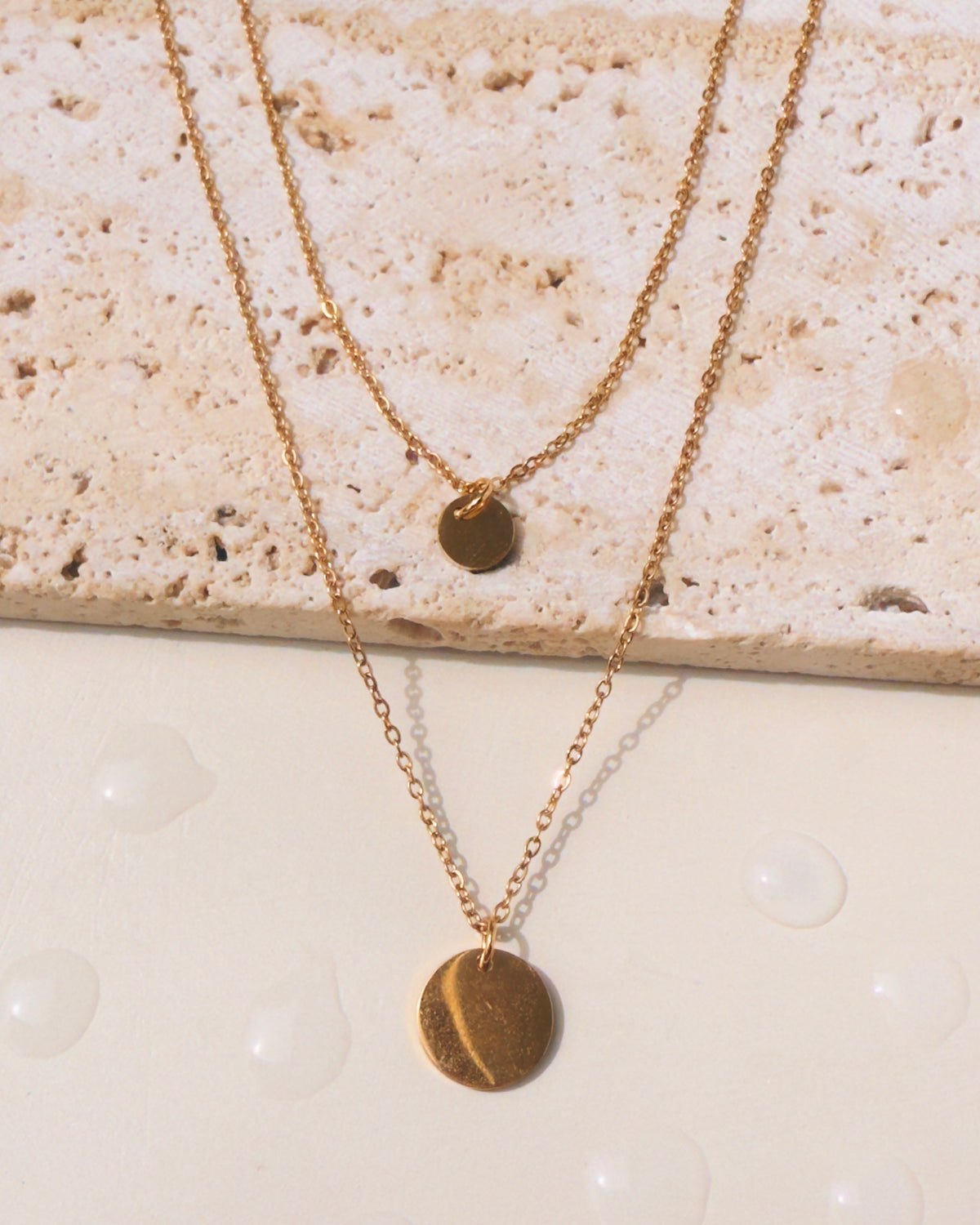 Marion Double Layer Thin Link Chain Round Flat Disc Pendants Gold Necklace