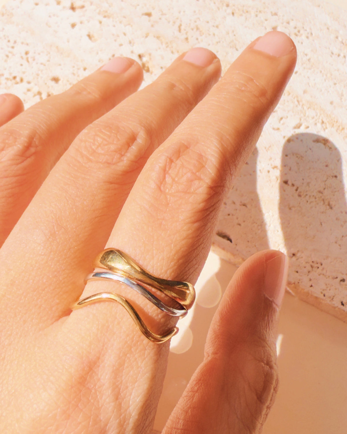 Gretchen (Two Tone) Silver Gold Triple Layer Water Ripple Design Wide Open Gold Ring