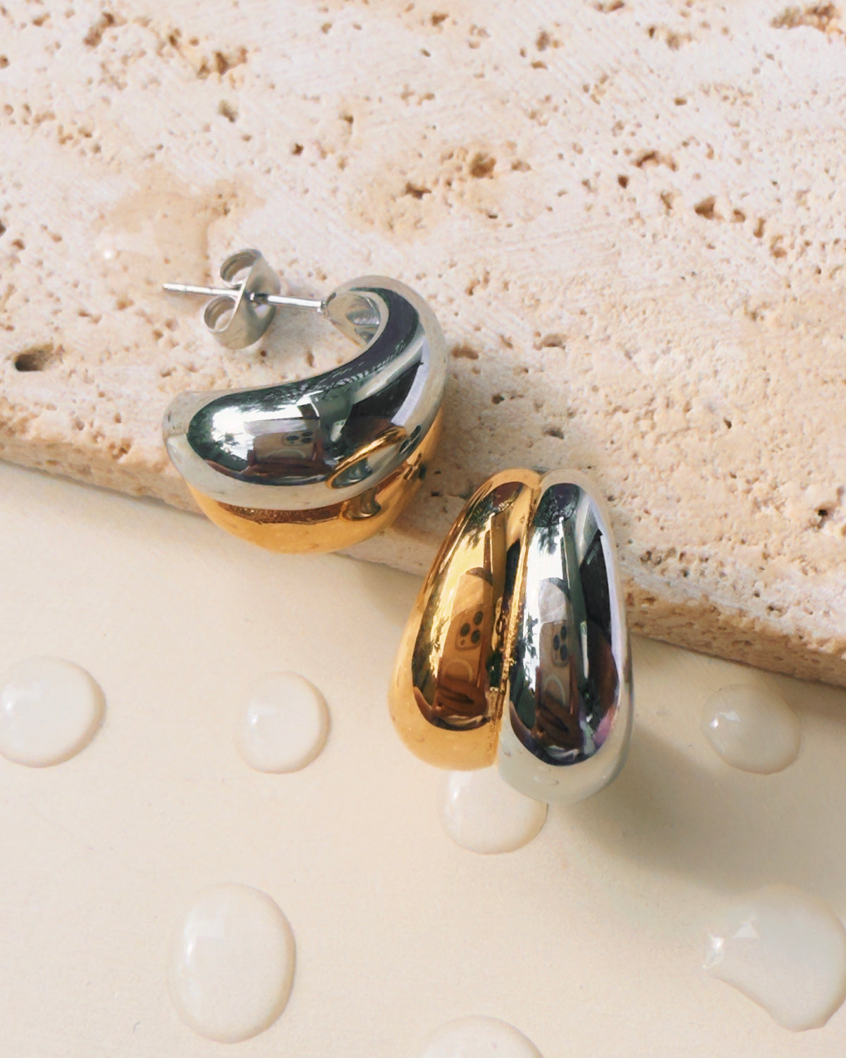 Norinne (Two Tone) Stacked Double Layer Silver Gold Teardrop Waterdrop Design Stud Drop Earrings