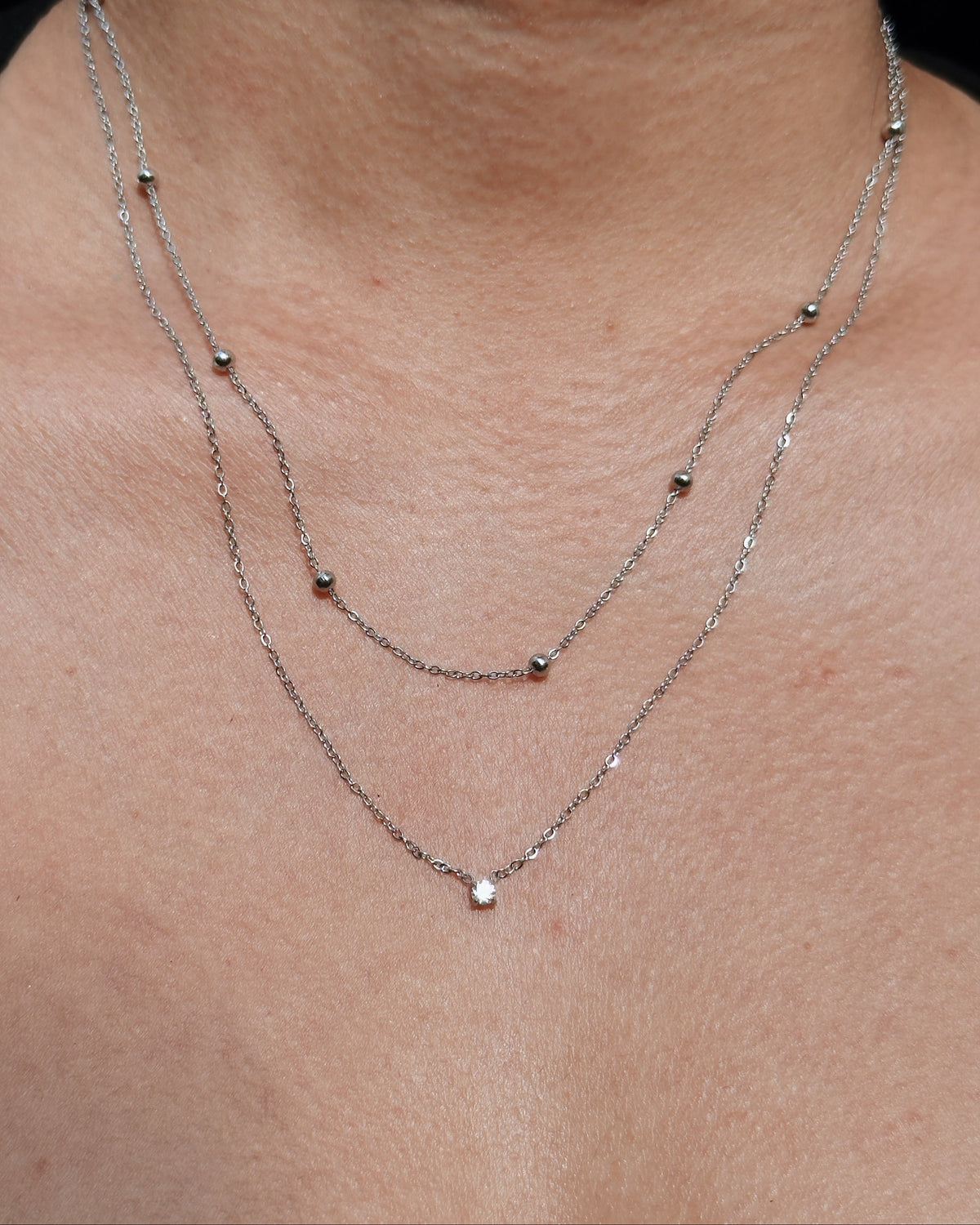 Selene (Silver) Dual Layer Beaded Chain Zircon Pendant Thin Link Chain Gold Necklace