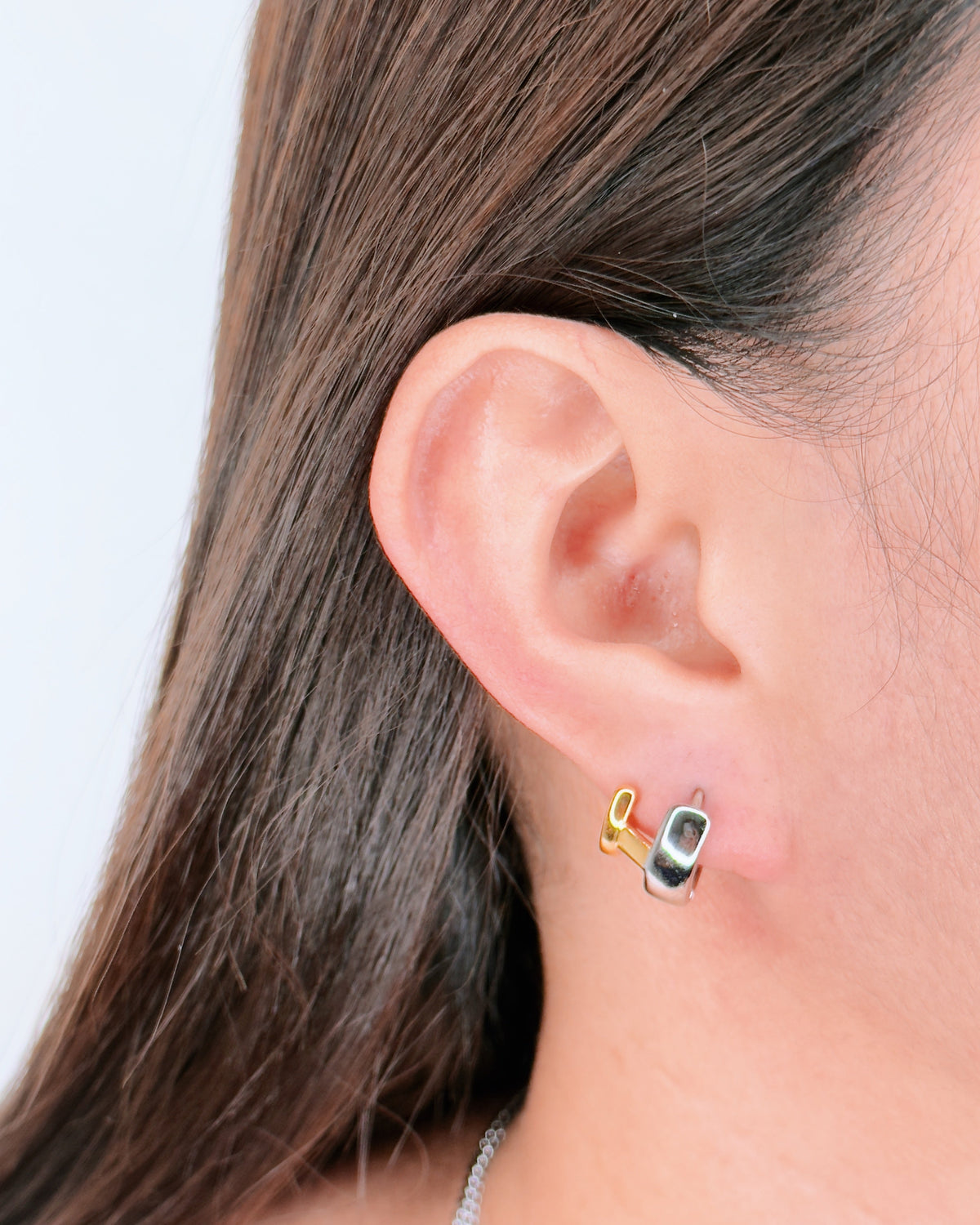 Esmee (Two Tone) Double Layer Flat Design C-Shaped Wide Silver Thin Gold Layered Look Huggies