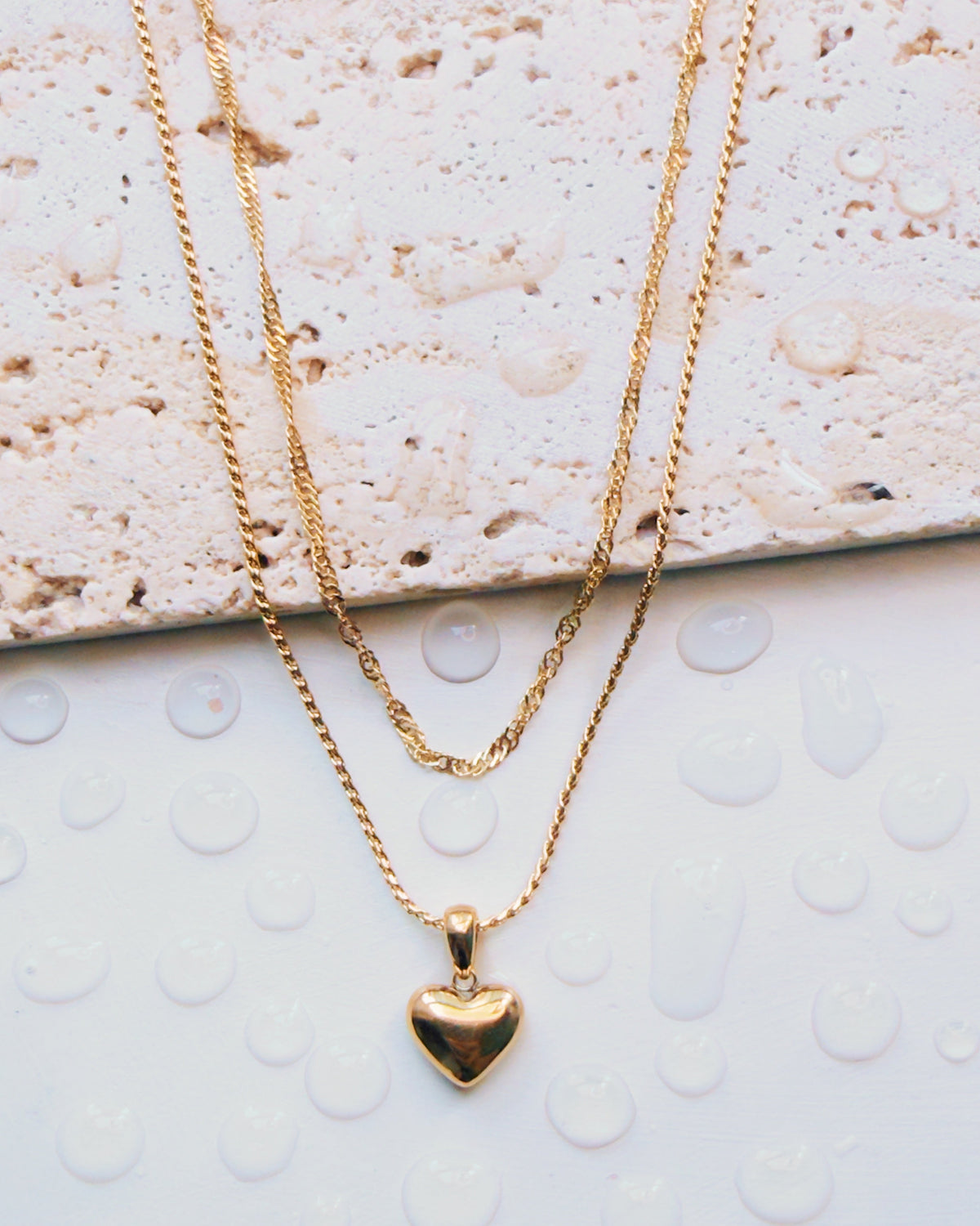 Galene Double Layer Heart Shaped Pendant Curb Chain Rope Chain Gold Necklace