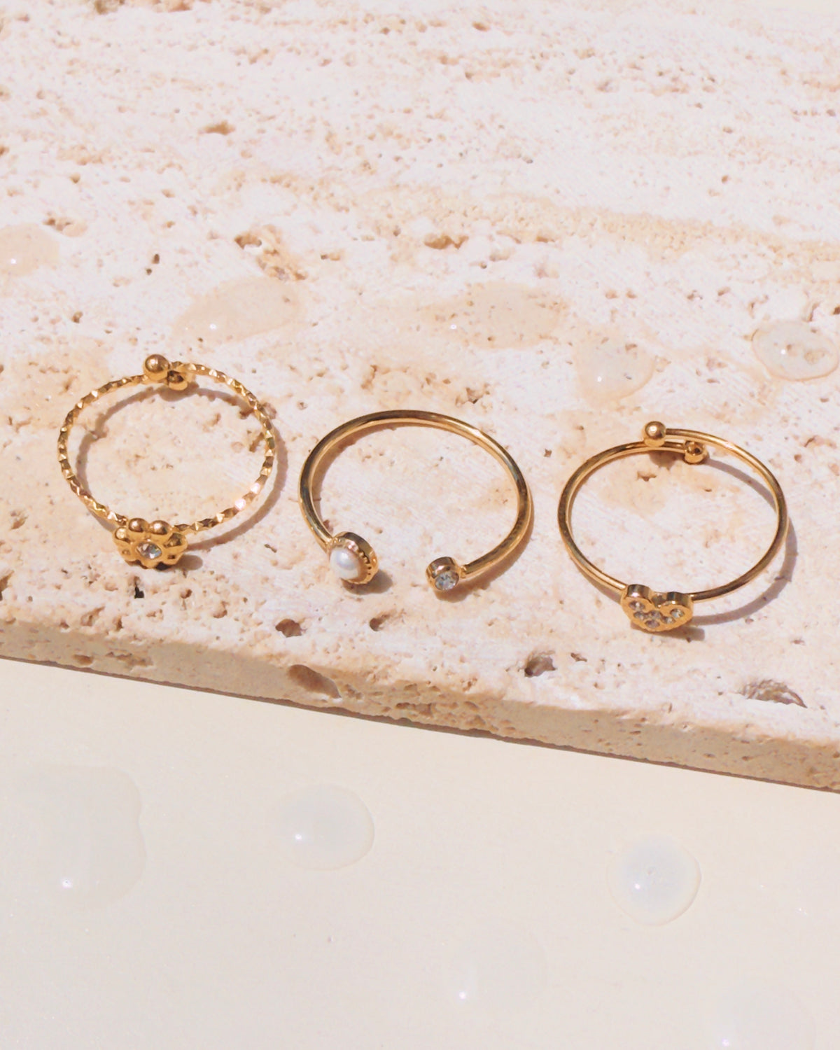 Maliyah (Bundle Set) 3 Rings Zircon Paved Heart Shaped Flower Dual Zircon Pearl Inlaid Set Top Head Dainty Minimalist Design Thin Open Gold Ring