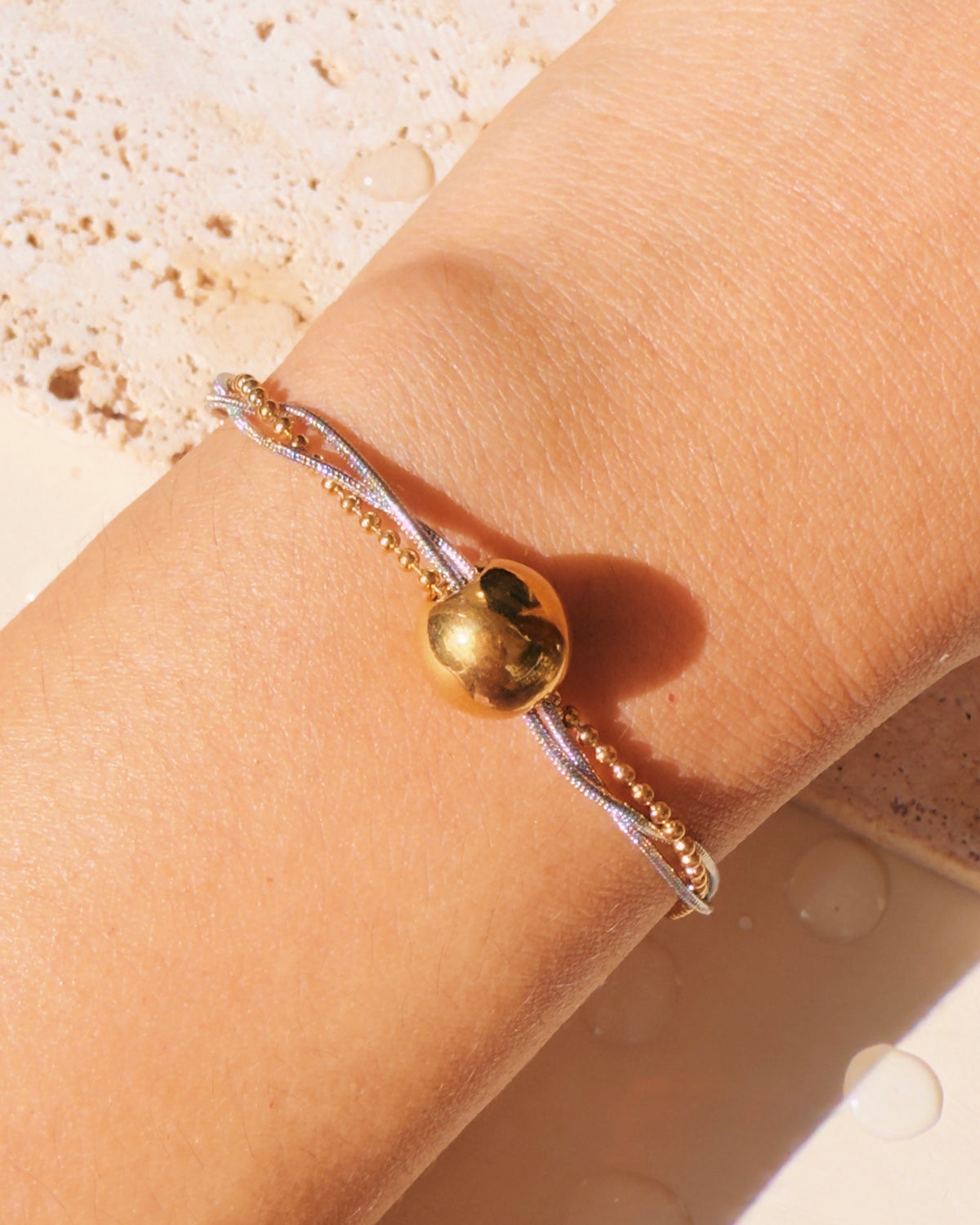 Onyx Two Tone Twisted Triple Layer Silver Snake Chain Gold Ball Beads Chain Round Gold Ball Pendant Bracelet