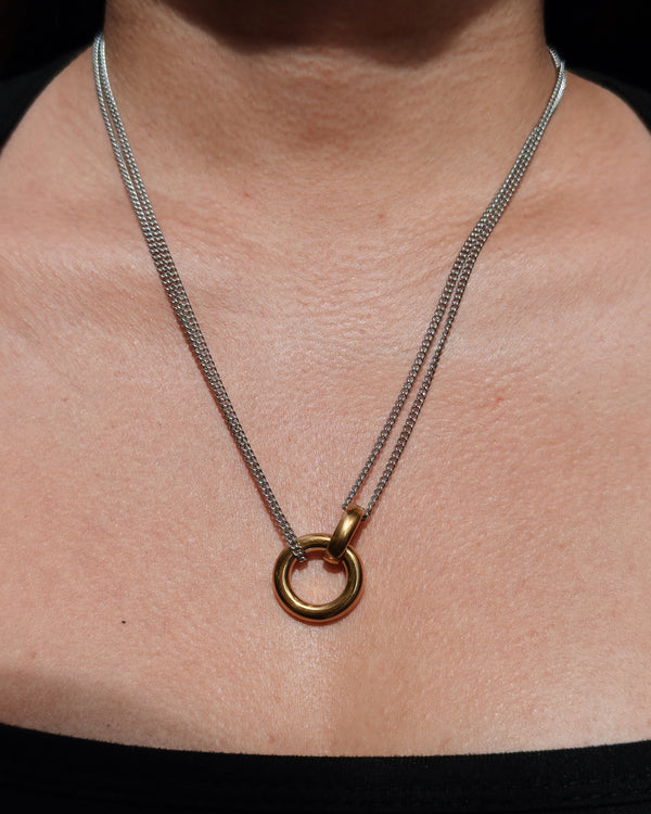 Qianna Two Tone Double Gold Ring Pendants Double Layer Silver Curb Link  Chain Necklace