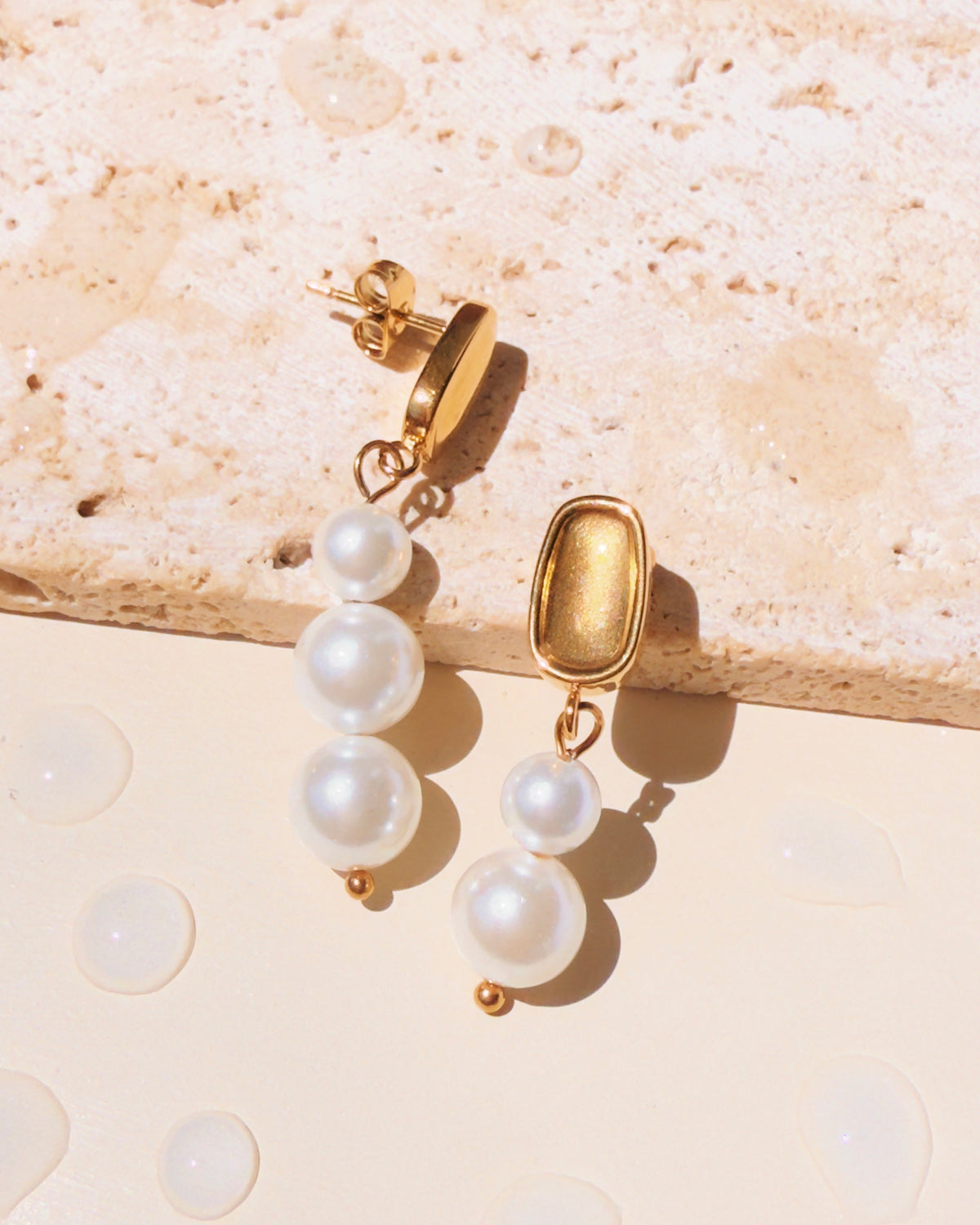 Nylah Asymmetrical Concave Convex Oval Gold Stud Duo Trio Pearl Drop Earrings