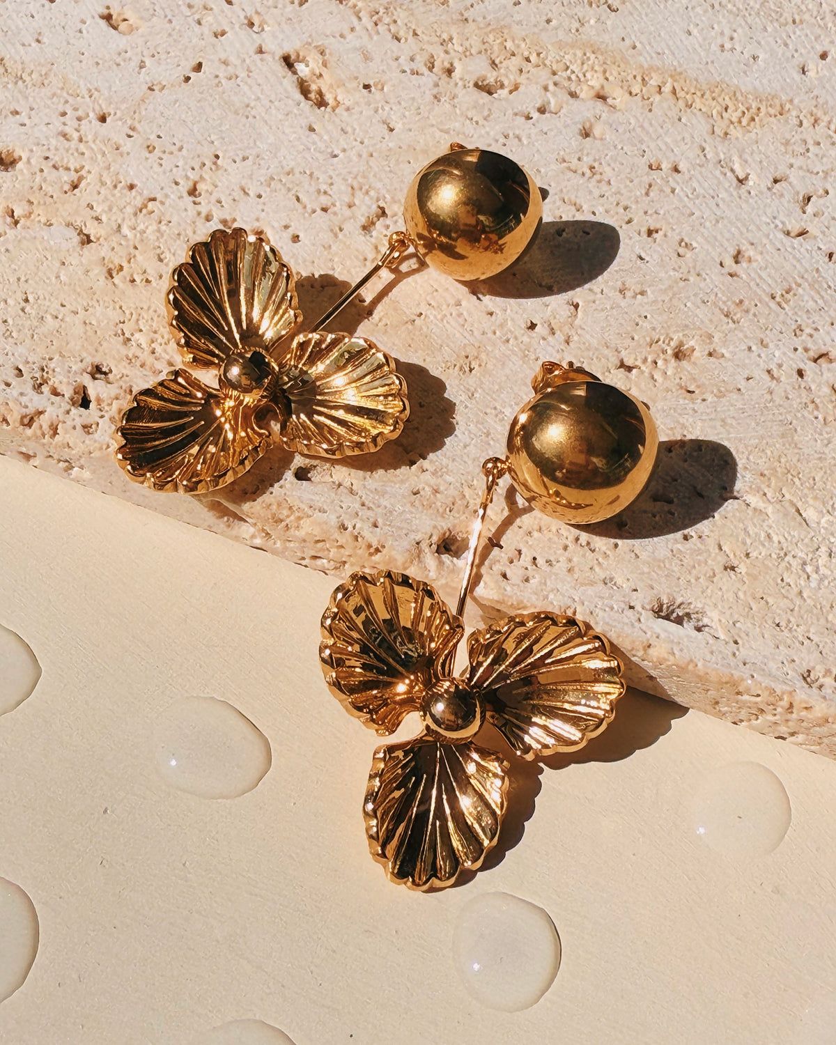 Odella Round Ball Stud Solid Tri Petal Flower Shaped Dangle Gold Drop Earrings