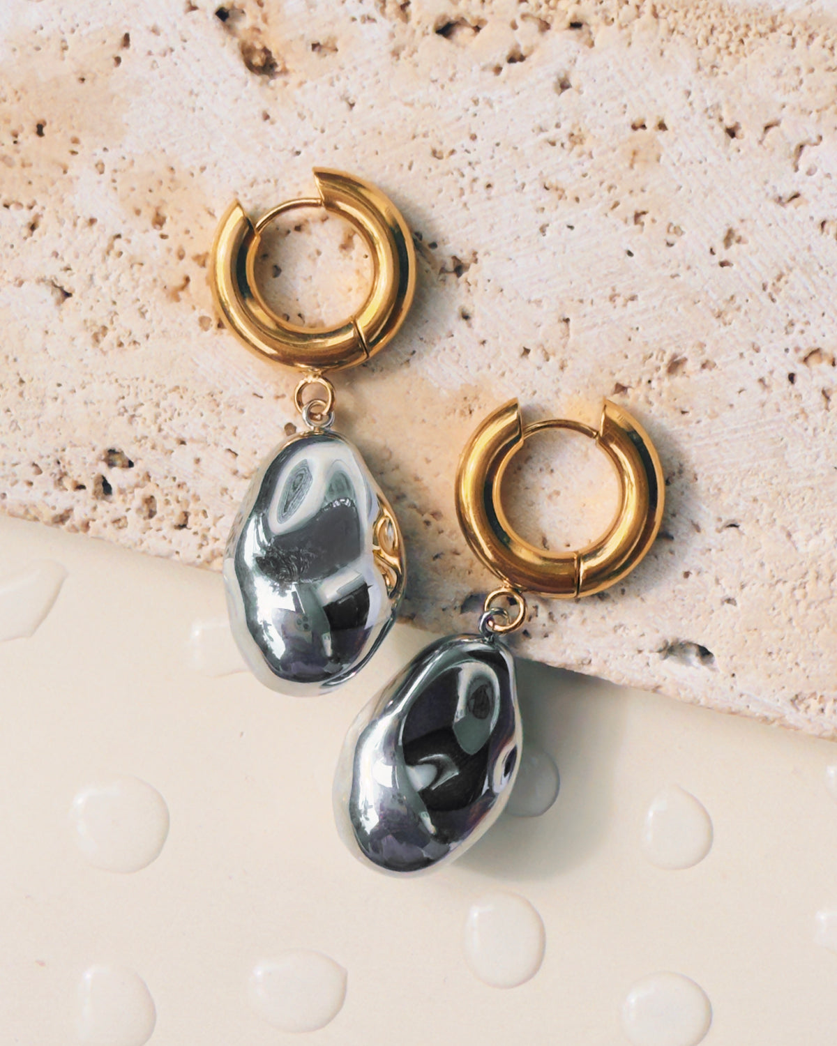 Nicolette (Two Tone) Classic Round Gold Huggies Silver Irregular Stone Shaped Drop Earrings