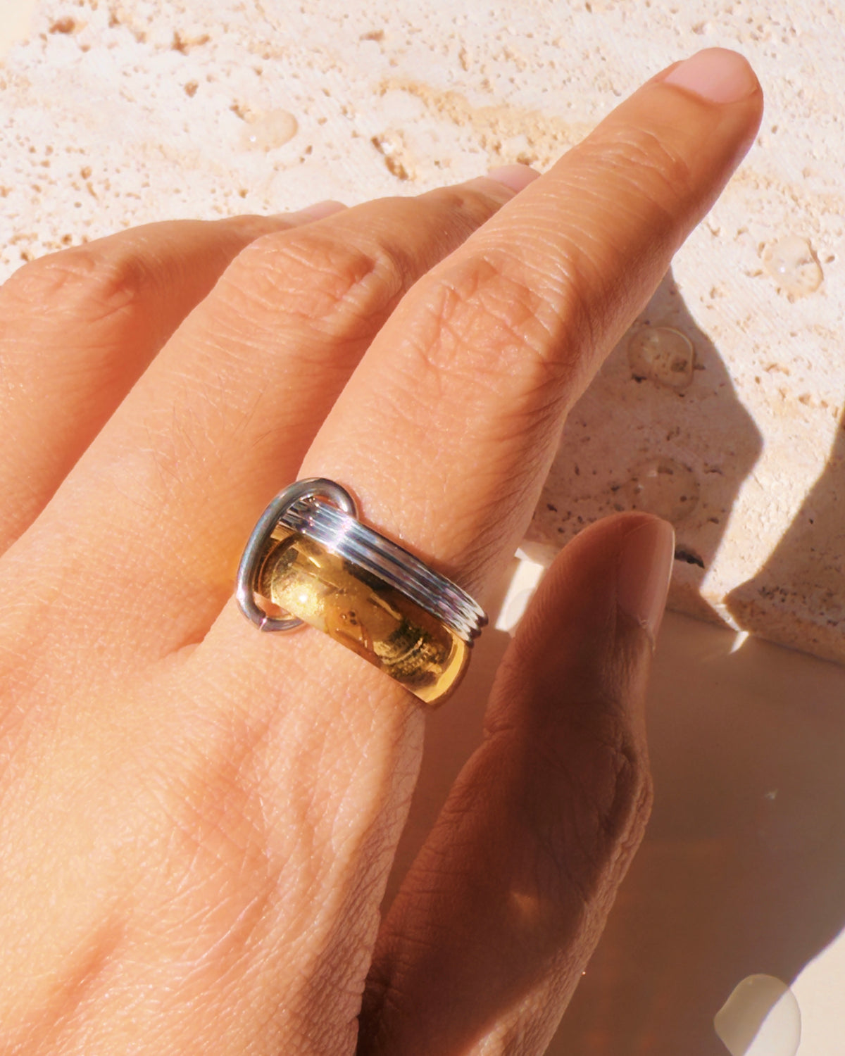 Prim Two Tone Spliced Double Layer Tied Design Smooth Gold Textured Silver Ring