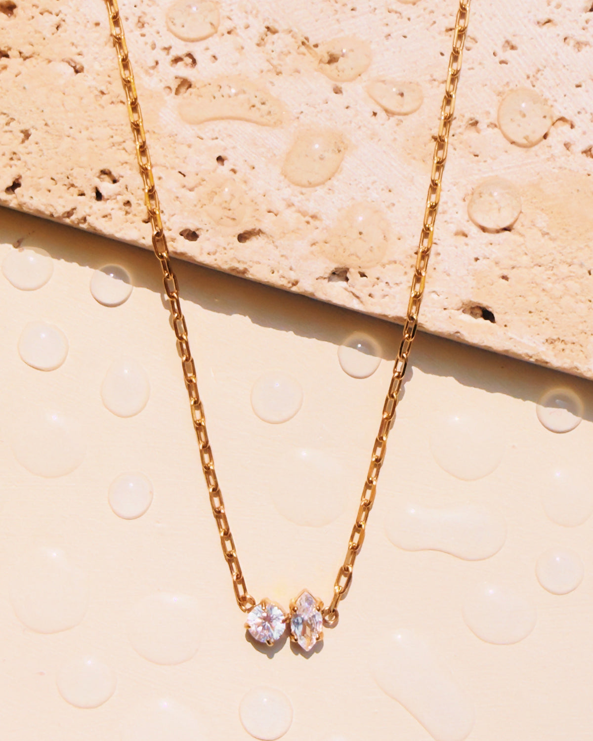 Briony Bezel Set Zircon Oval Round Shaped Pendants Dainty Paperclip Chain Gold Necklace