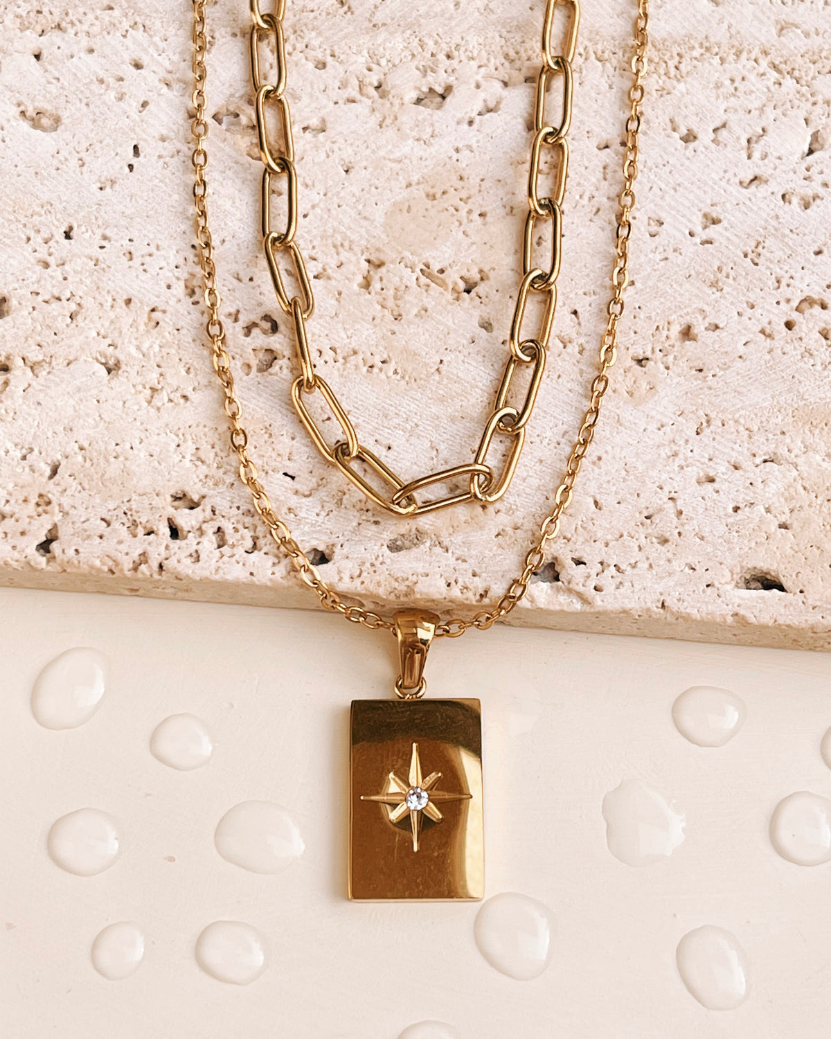 Aya (Bundle Set) 2 Necklaces Double Layer Paper Clip Chain Classic Link Chain Zircon Star Frame Pendant Gold Necklace