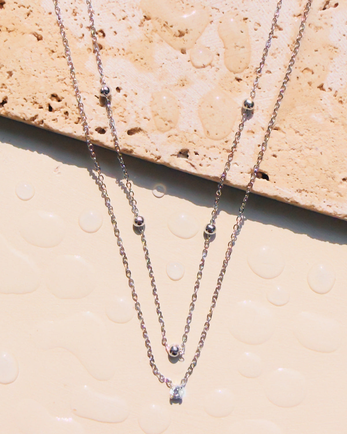 Selene (Silver) Dual Layer Beaded Chain Zircon Pendant Thin Link Chain Gold Necklace