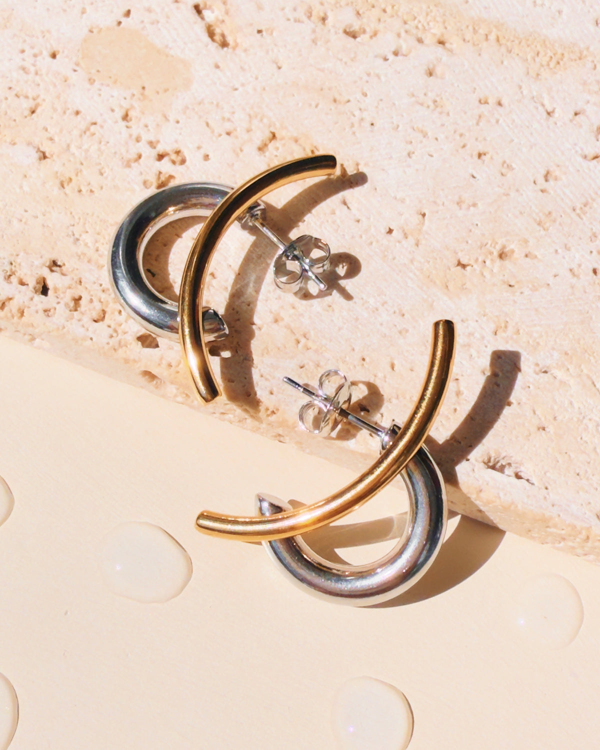 Pixie Two Tone Double Layer Short Silver C-Shaped Huggies Long Gold Curved Design Studs