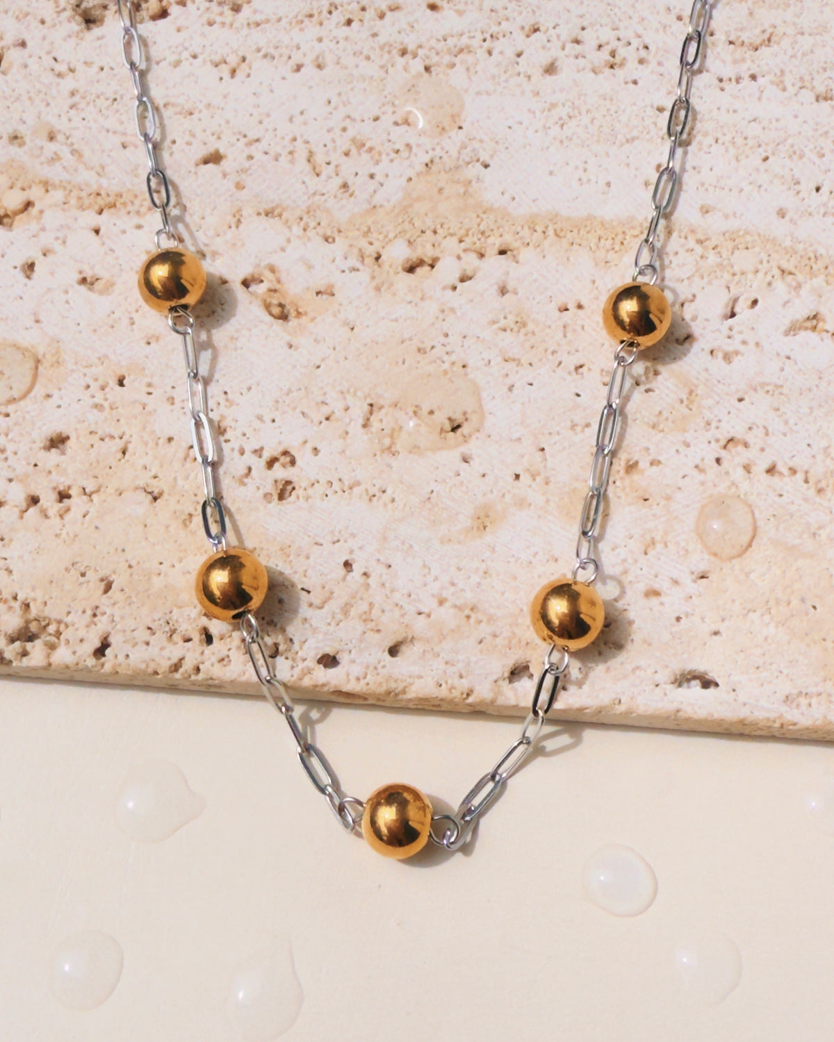 Monroe (Two Tone) Round Golden Ball Beads Pendant Small Silver Paperclip Chain Design Necklace