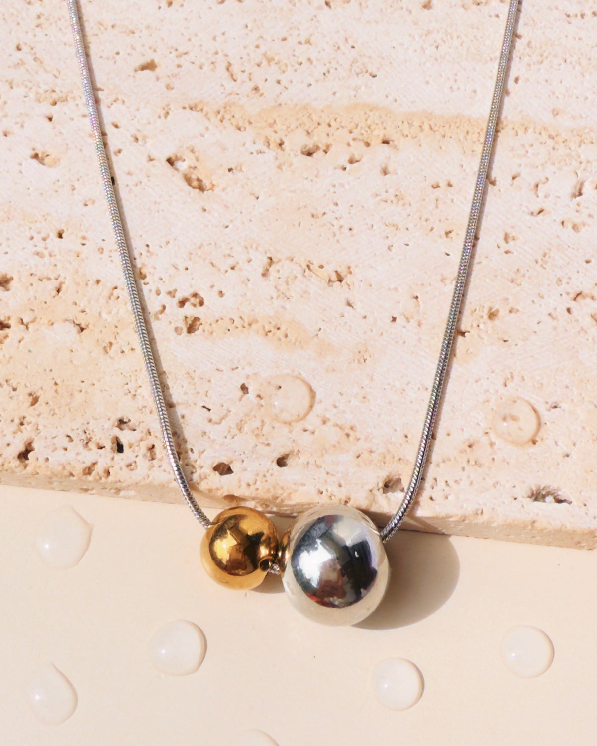 Feliz (Two Tone) Two Solid Round Small Gold Big Silver Ball Pendants Rounded Snake Chain Silver Necklace