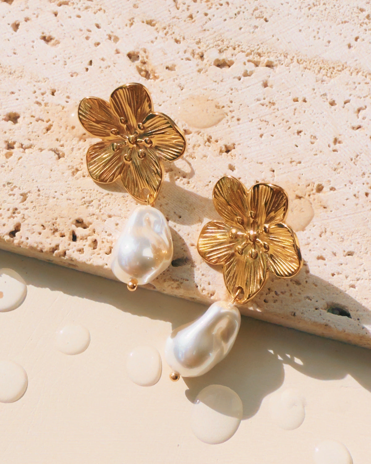Mayumi Textured Carved Flat Wide Flower Design Gold Stud Baroque Pearl Drop Earrings