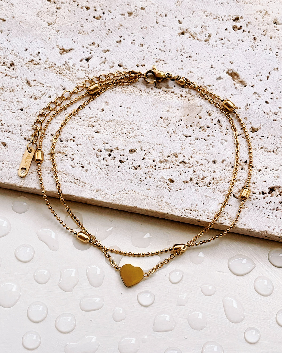 Elle Double Layer Oval Beaded Flat Heart Pendant Thin Link Chain Gold Bracelet