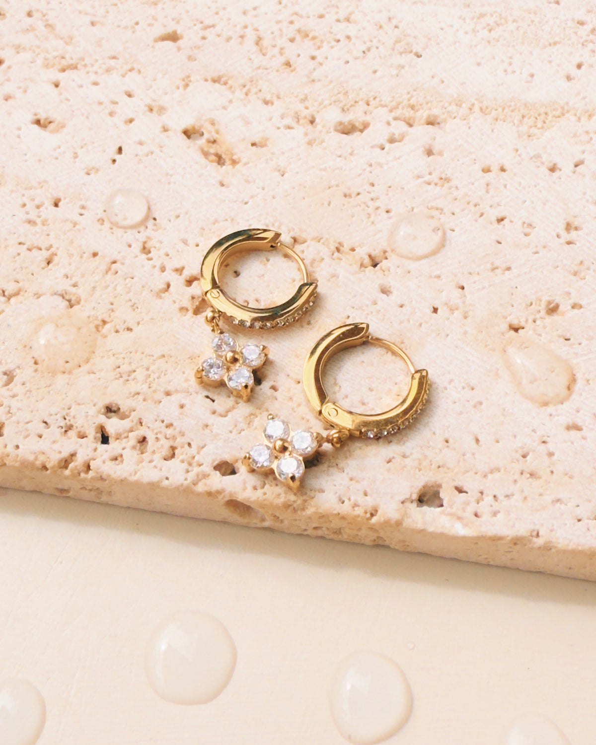 Livia Zircon Paved Rounded Huggies Quad Flower Shaped Zircon Crowned Set Gold Drop Earrings