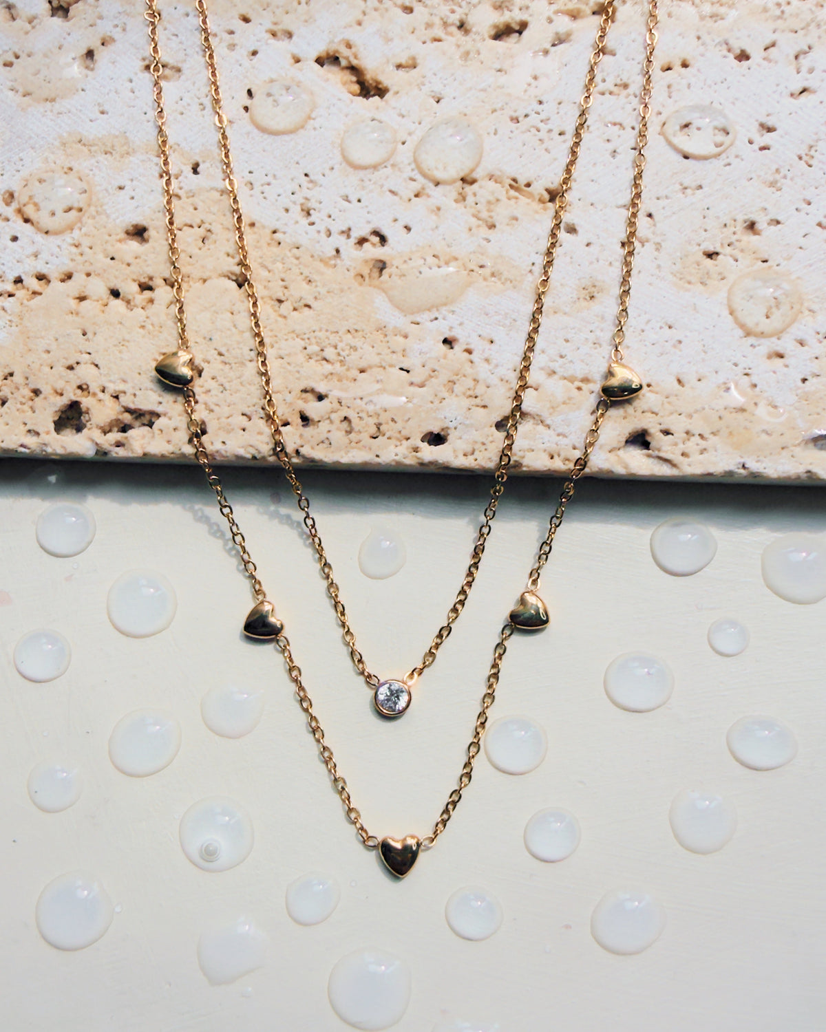 Liora Double Layer Round Zircon Pendant Heart Shaped Beads Pendant Classic Link Chain Gold Necklace