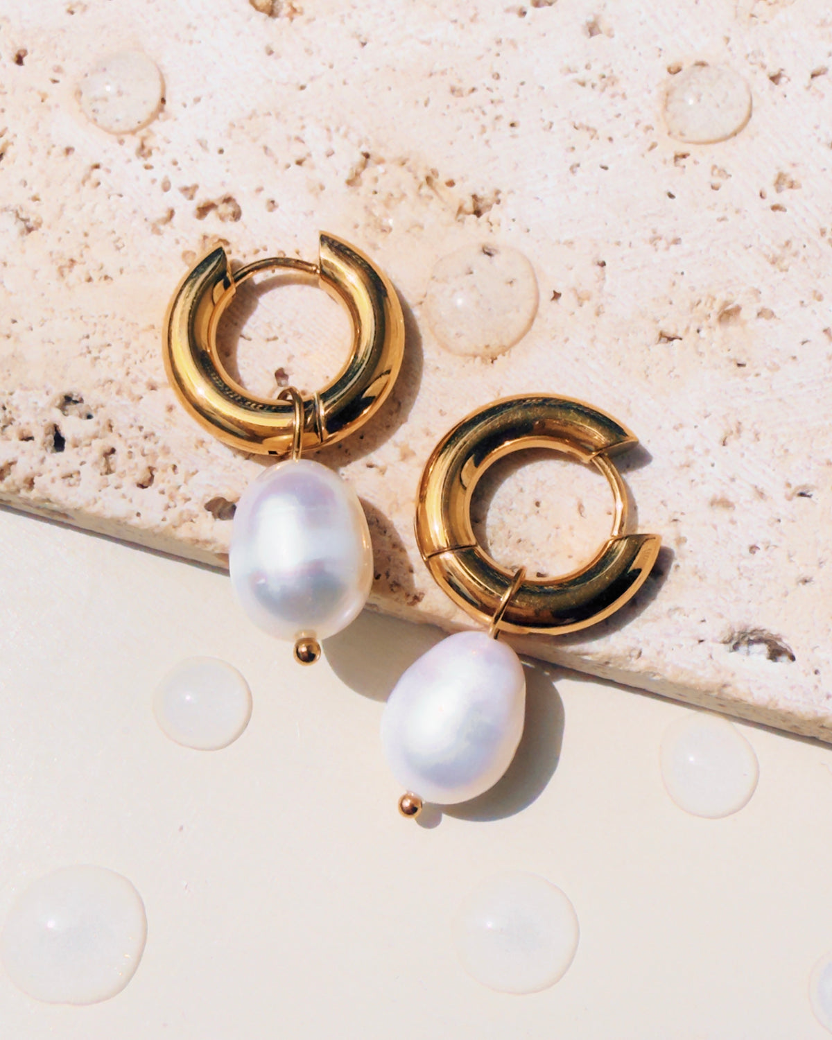 Ivanna Baroque Freshwater Pearl Dangle Round Thick Gold Huggies