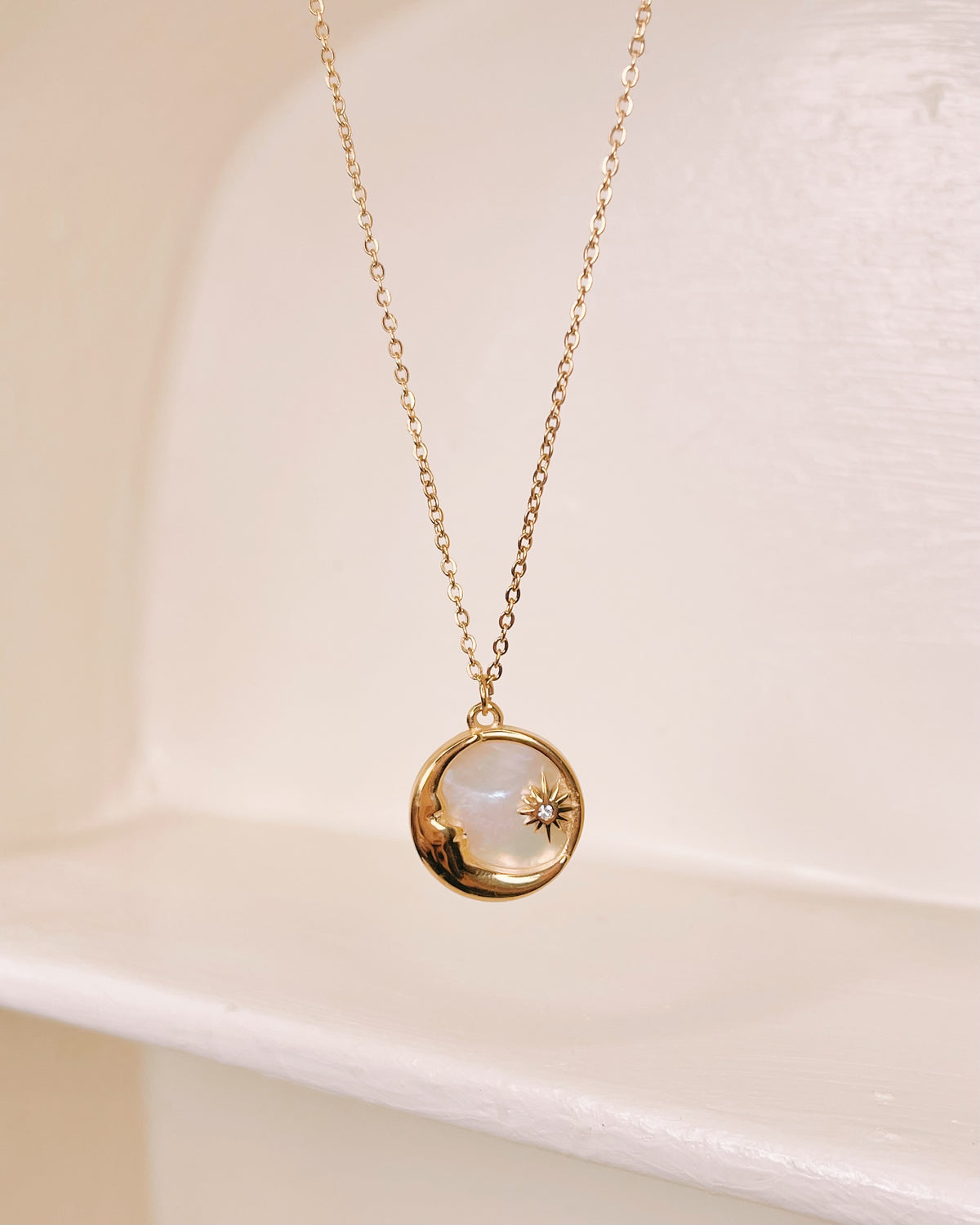 Celeste Sun and Moon Shell Stone Pendant Gold Necklace