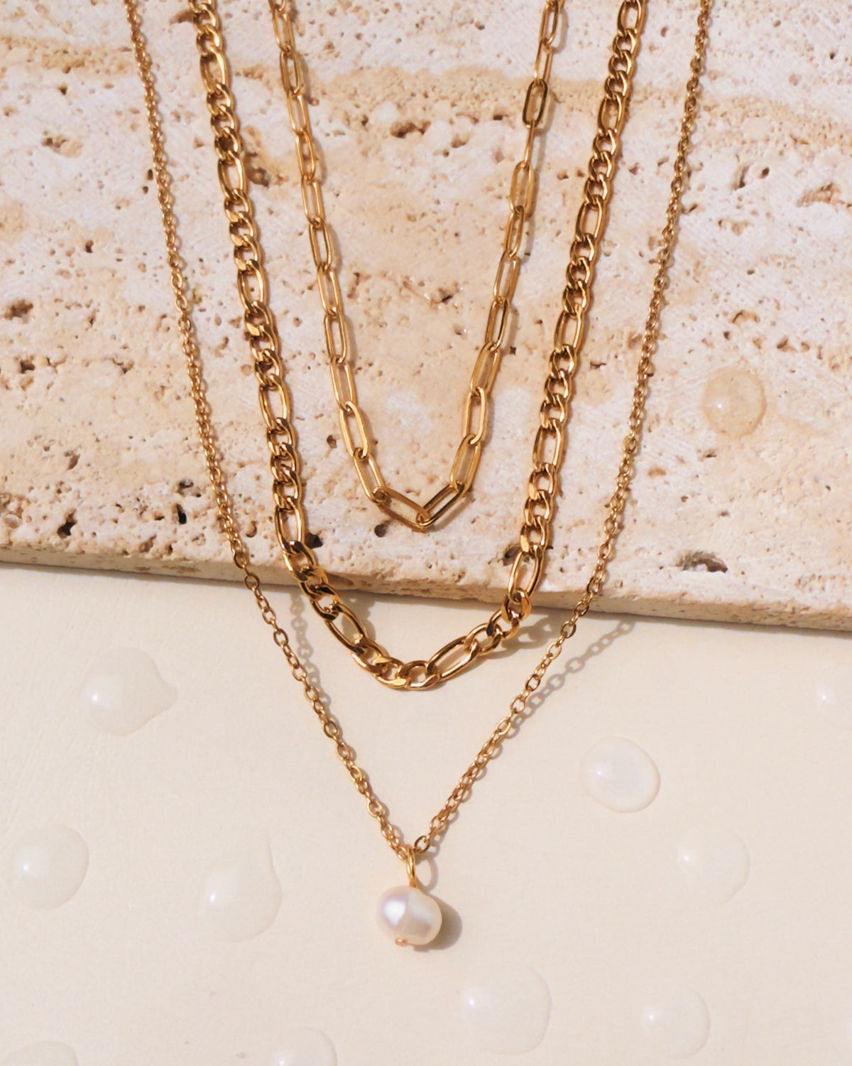 Megan Triple Layer Paperclip Chain Figaro Chain Thin Link Chain Tiny Pearl Pendant Gold Necklace
