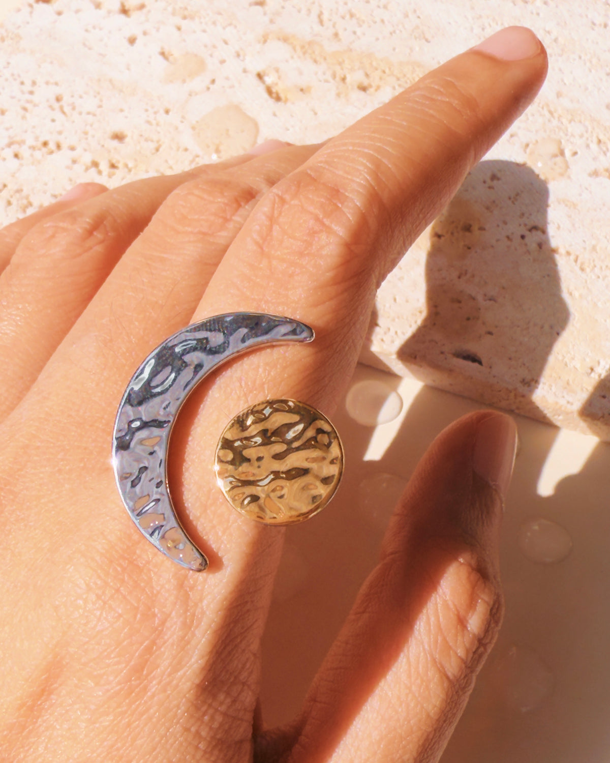 Portia Two Tone Dual Top Head Hammered Design Silver Moon Gold Star Open Ring