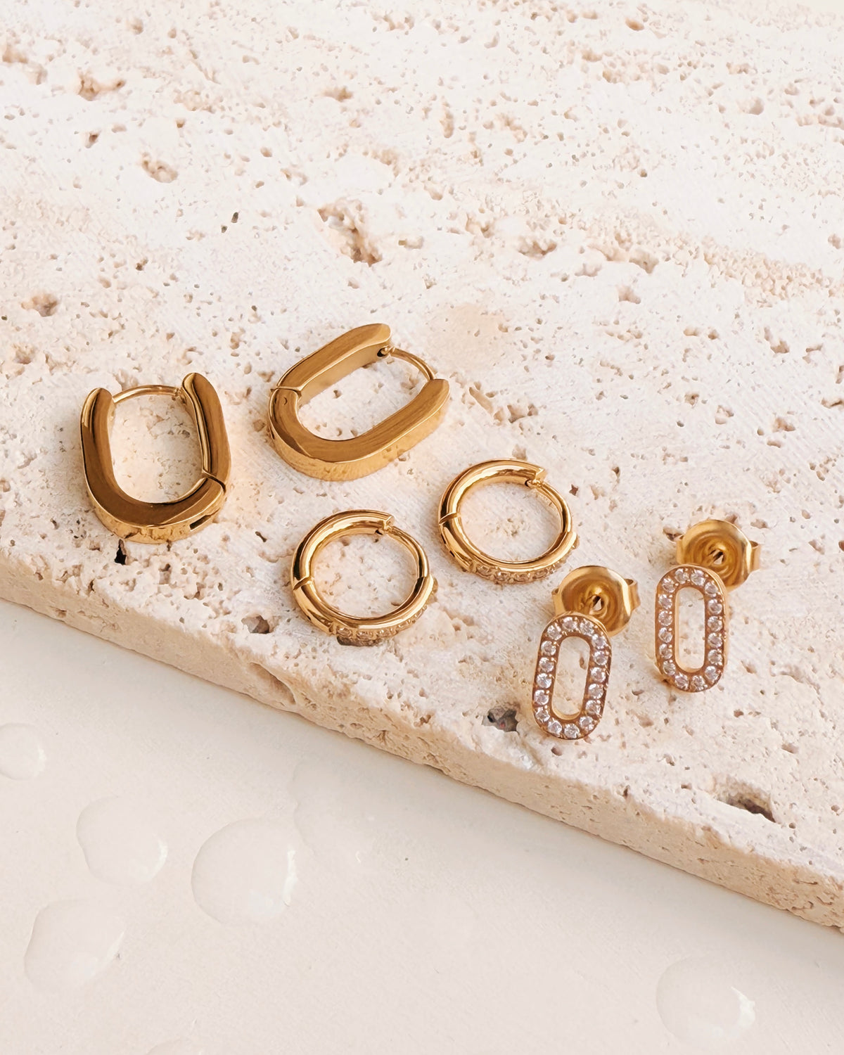 Cath (Bundle Set) 3 Pairs Zircon Paved Small Hollow Oval Shaped Gold Studs Zircon Paved Thin Round Gold Huggies U-Shaped Flat Gold Huggies