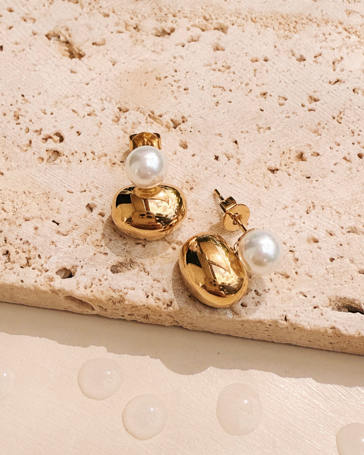 Jimena Classic Round Pearl Solid Stud Bean Shaped Gold Drop Earrings