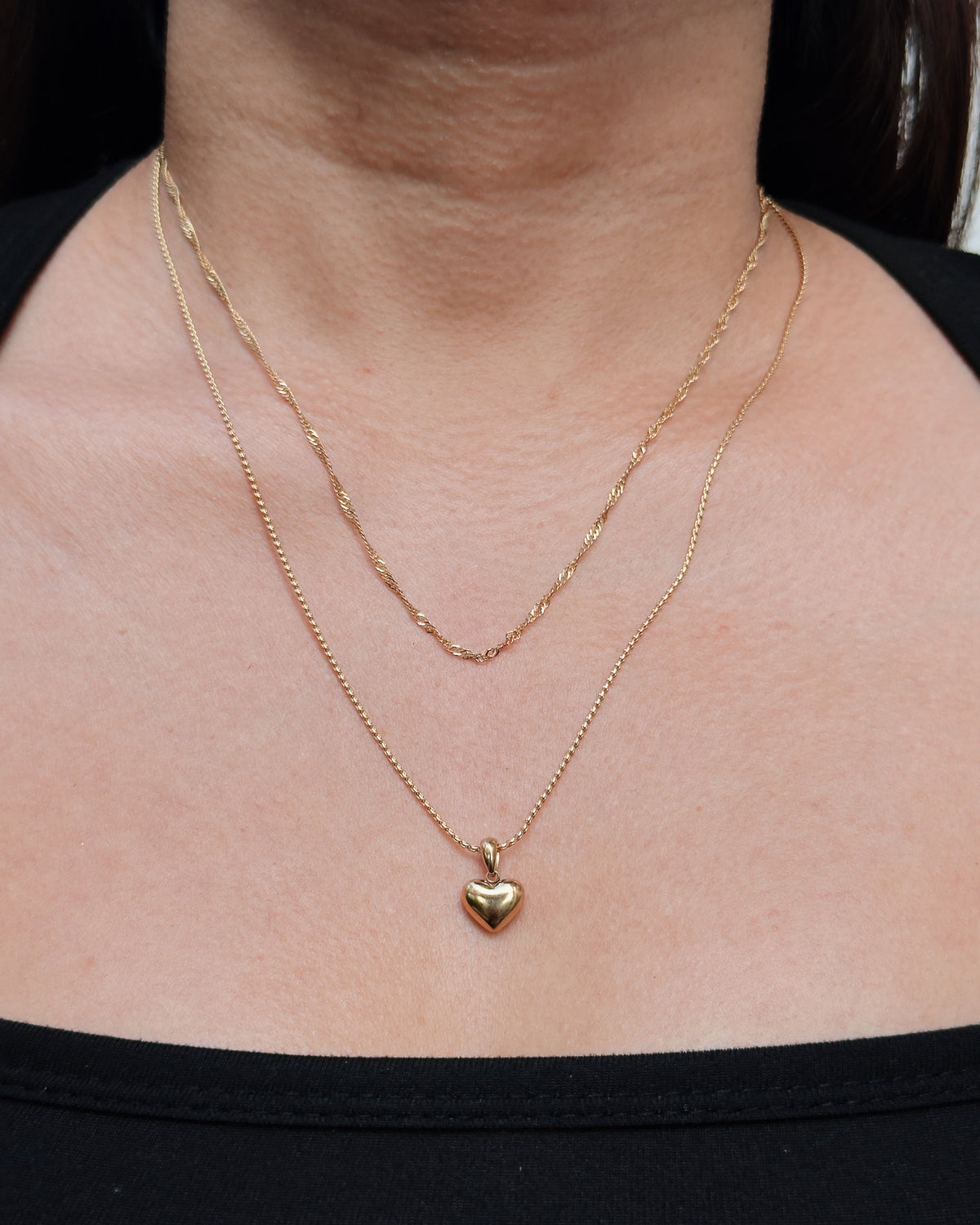 Galene Double Layer Heart Shaped Pendant Curb Chain Rope Chain Gold Necklace