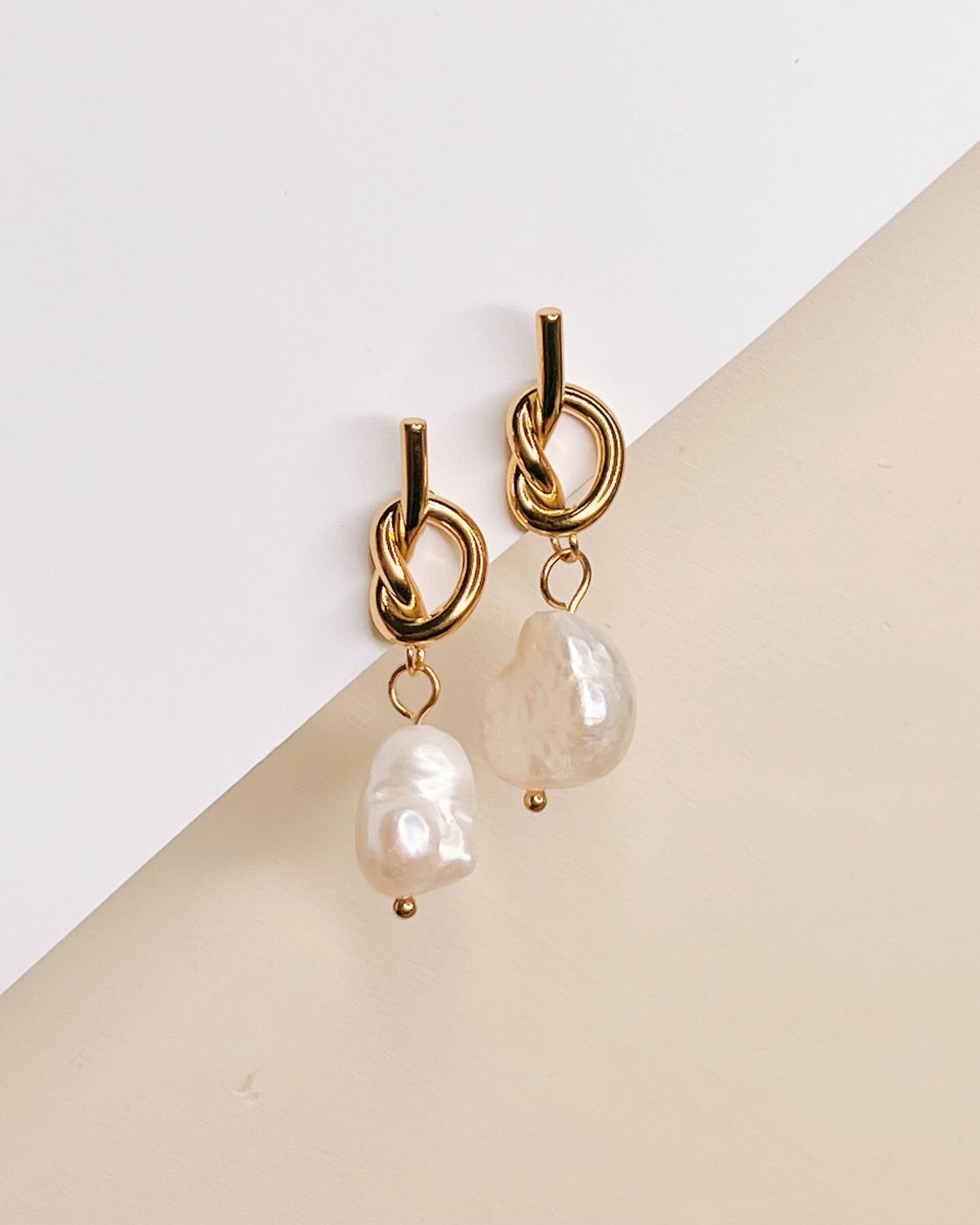 Valeria Baroque Freshwater Pearl Dangle Knot Design Gold Studs