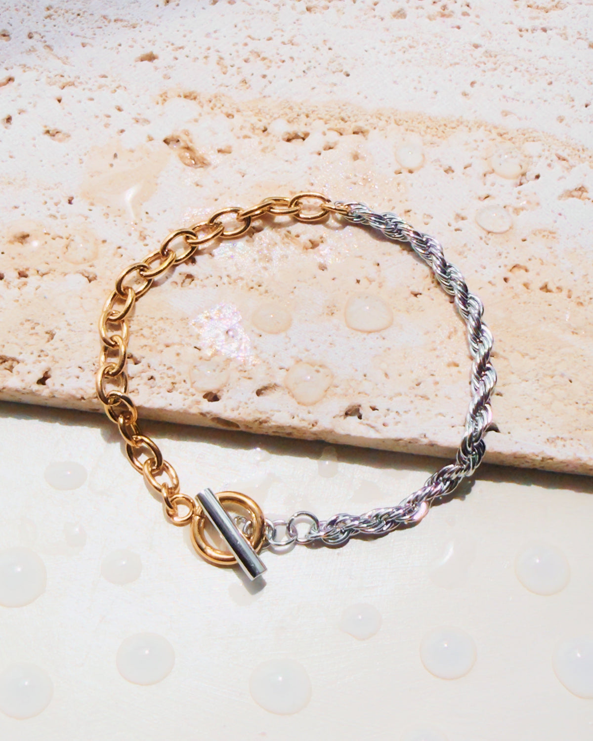 Xynelle Two Tone Dual Design Silver Twisted Rope Chain Gold Large Oval Link Chain OT Lock Bracelet