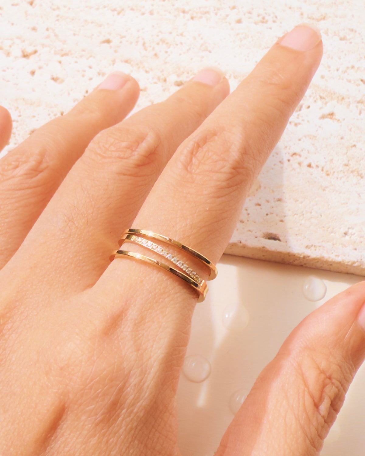 Leona Triple Layer Thin Bar Design Middle Zircon Paved Gold Ring