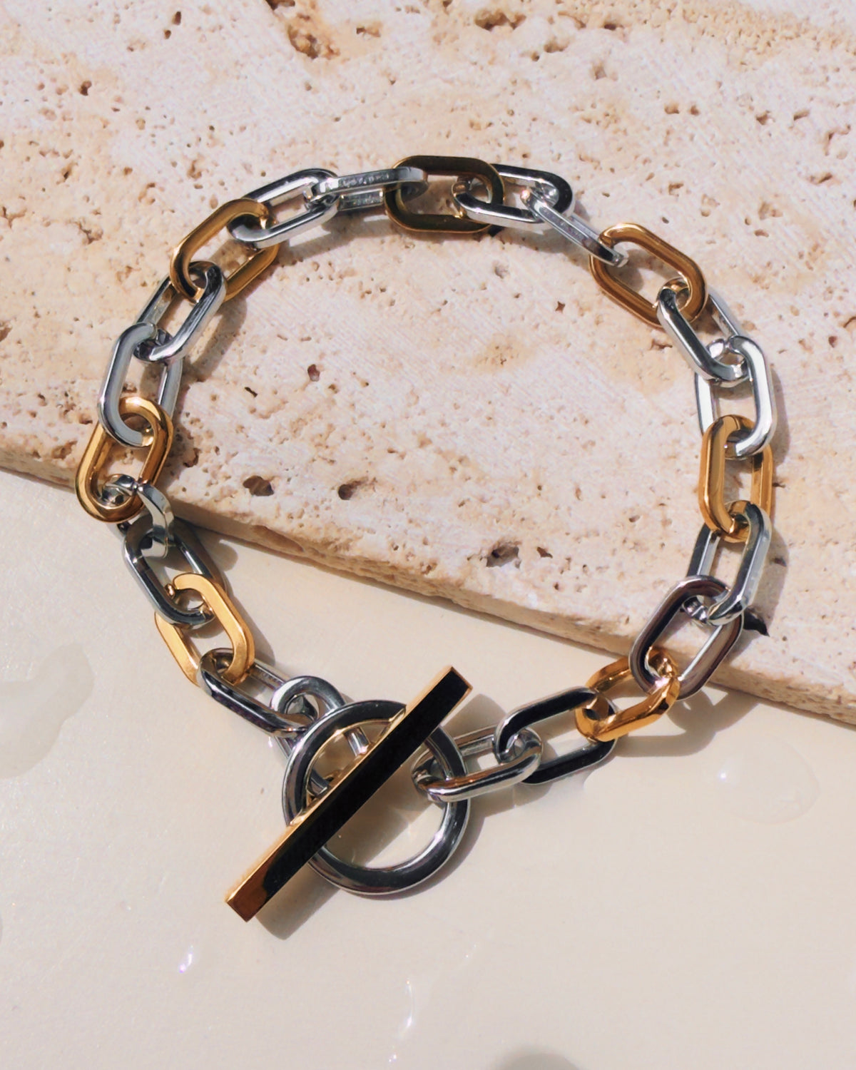 Marina (Two Tone) Alternate Silver Gold Flat Rounded Thick Oval Link Chain O/T Lock Design Bracelet