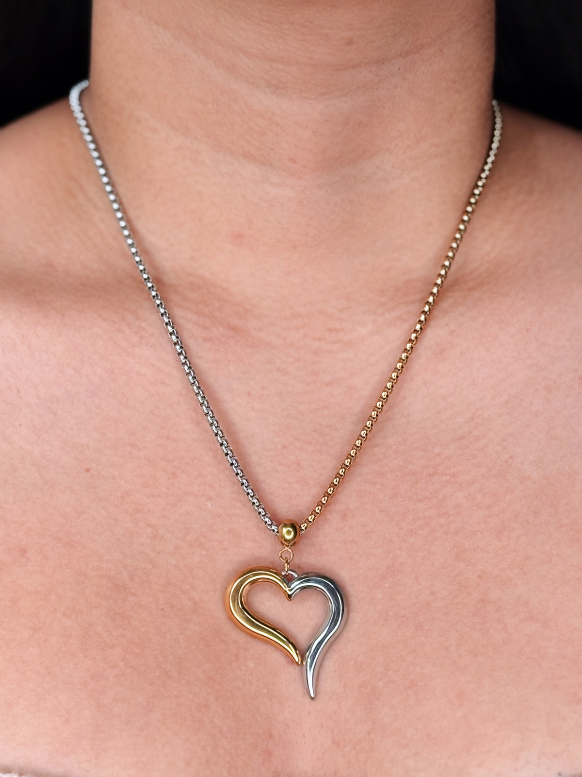 Darcy (Two Tone) Half Silver Half Gold Hollow Heart Pendant Half Silver Half Gold Rounded Box Chain Necklace