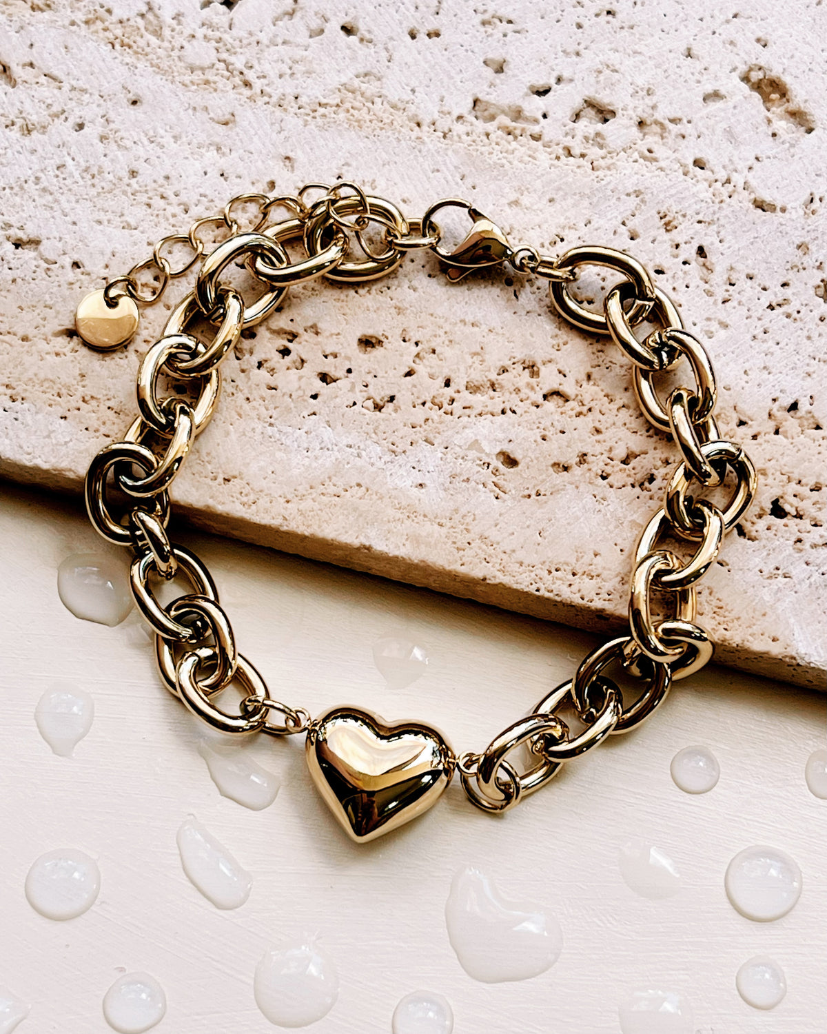 Elena Chunky Thick Curb Chain Solid Heart Pendant Gold Bracelet