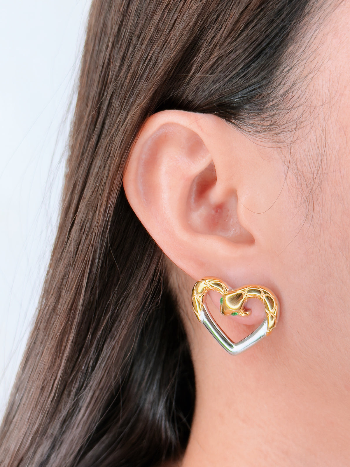 Mariella (Two Tone) Heart Shaped Half Silver Bottom Half Gold Top Carved Snake Green Zircon Eyes Design Stud Earrings