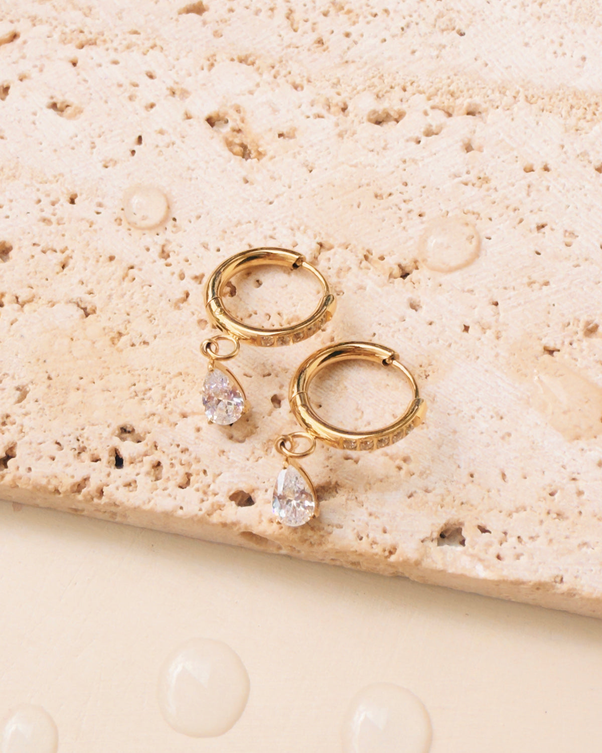 Loretta Zircon Paved Rounded Huggies Teardrop Waterdrop Shaped Zircon Crowned Set Gold Drop Earrings