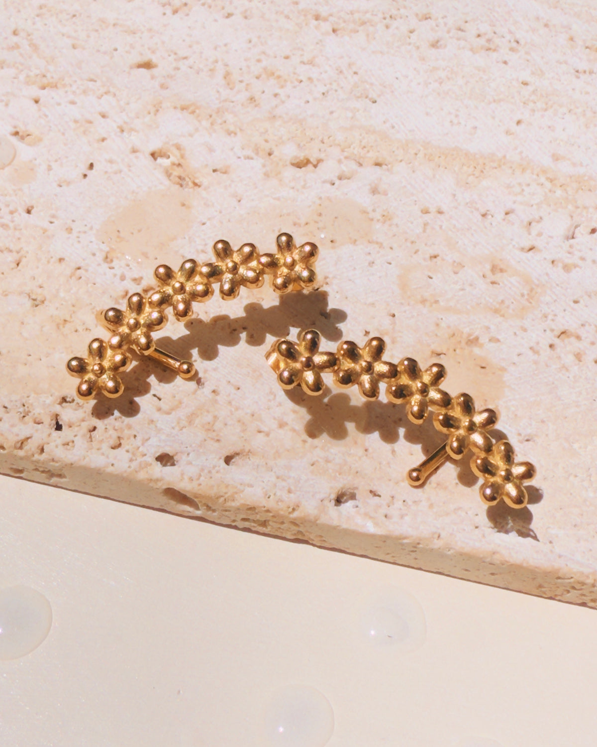 Martina Vertical Stacked Carved Flowers Design Gold Stud Earrings