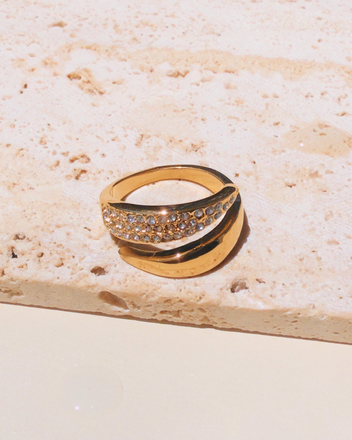 Meadow Dual Top Head Geometric Design Half Zircon Paved Half Smooth Open Layered Look Gold Ring