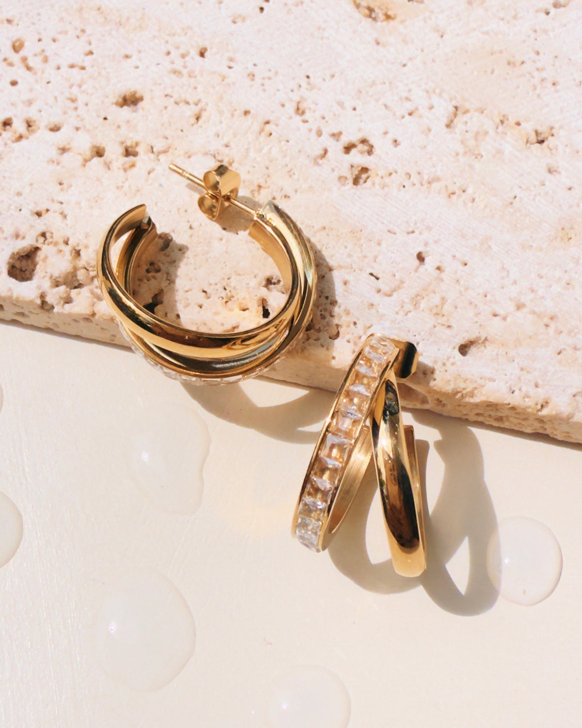 Leighton Double Layer C-Shaped Half Side Paved Rectangular Zircon Inlaid Set Layered Look Gold Hoops