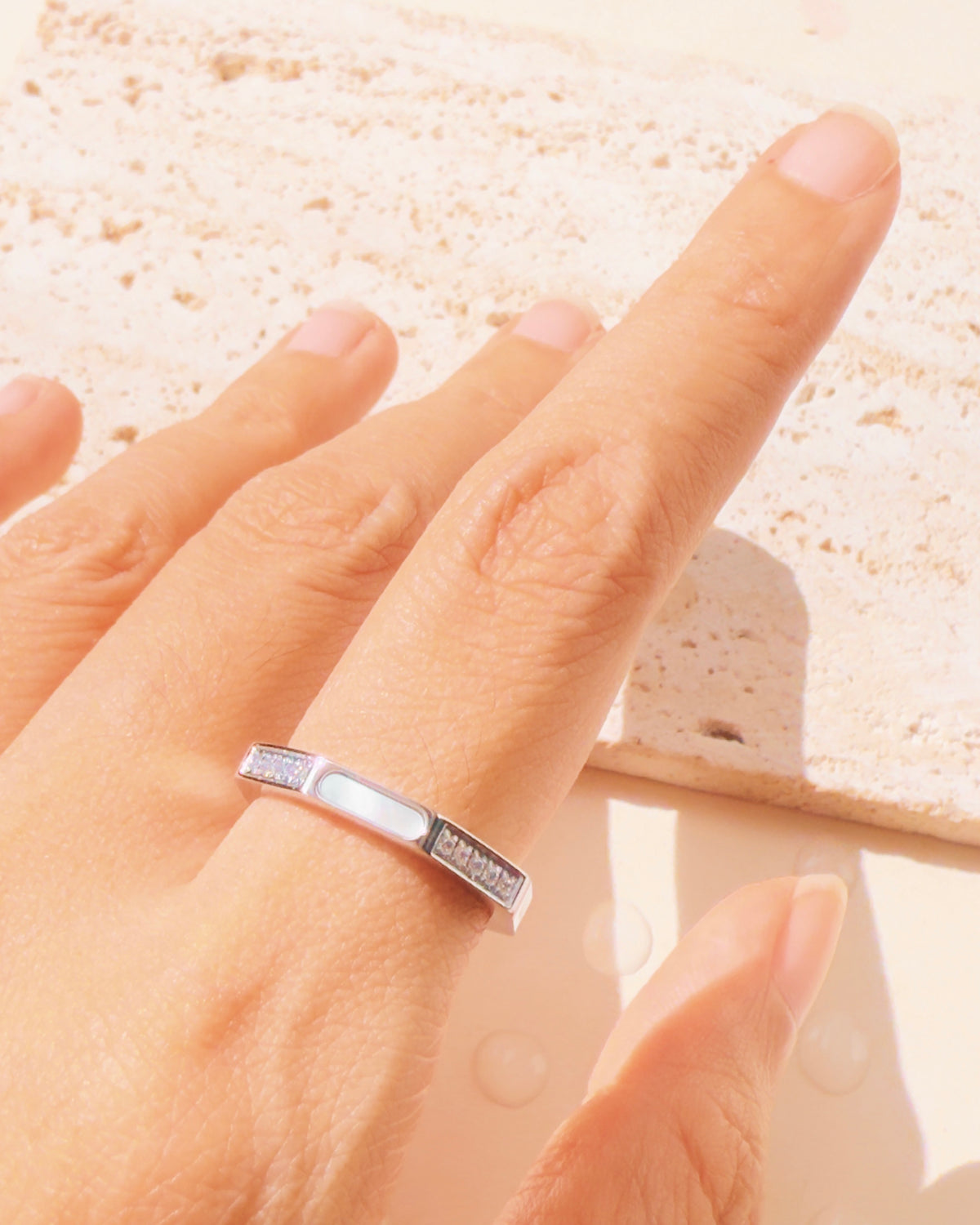 Riley (Silver) Geometric Faceted Shell Inlaid Top Head Zircon Paved Side Design Ring