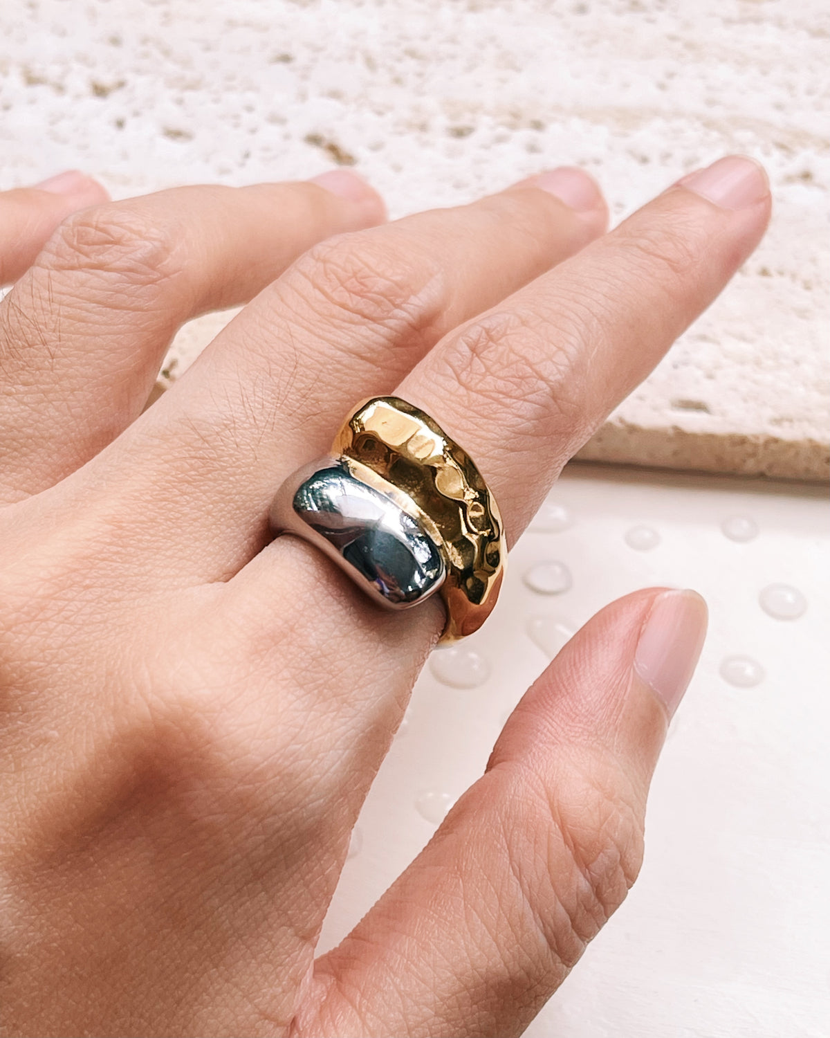 Gillian Two Tone Smooth Silver Textured Gold Interlock Design Ring