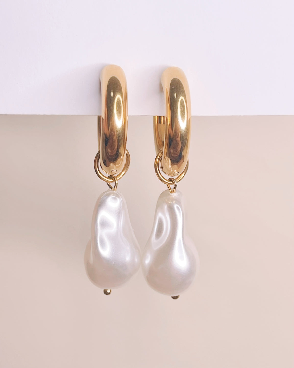 Tracey Irregular Imitation Pearl Dangle Gold Huggies