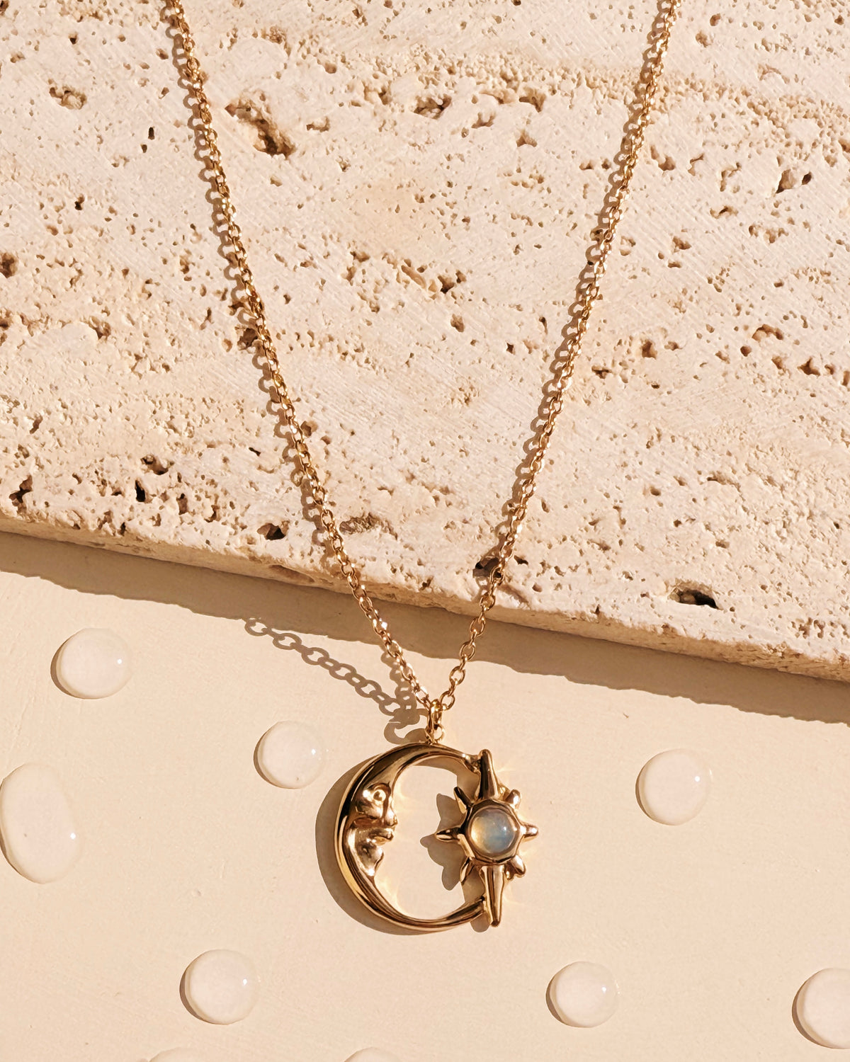 Illona Carved Half Moon Face Opal Cat’s Eye Center Star Design Pendant Classic Link Chain Gold Necklace