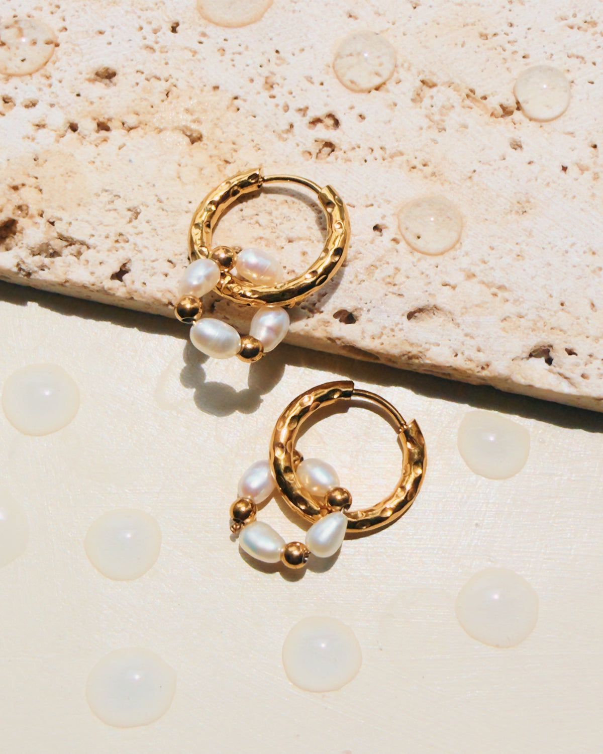 Xonia Stacked Dual Design Hammered Hoop Pearl Beads Hoop Drop Earrings