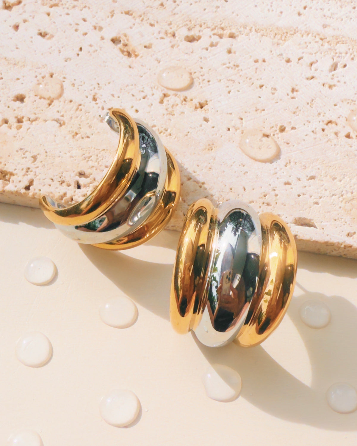 Matilda (Two Tone) Chunky Stacked Triple Layer Gold Center Silver C-Shaped Stud Earrings