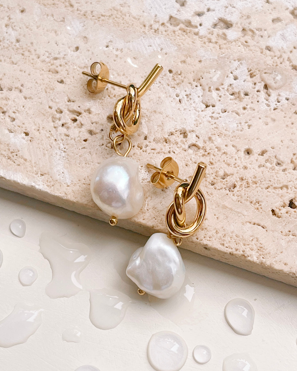 Valeria Baroque Freshwater Pearl Dangle Knot Design Gold Studs